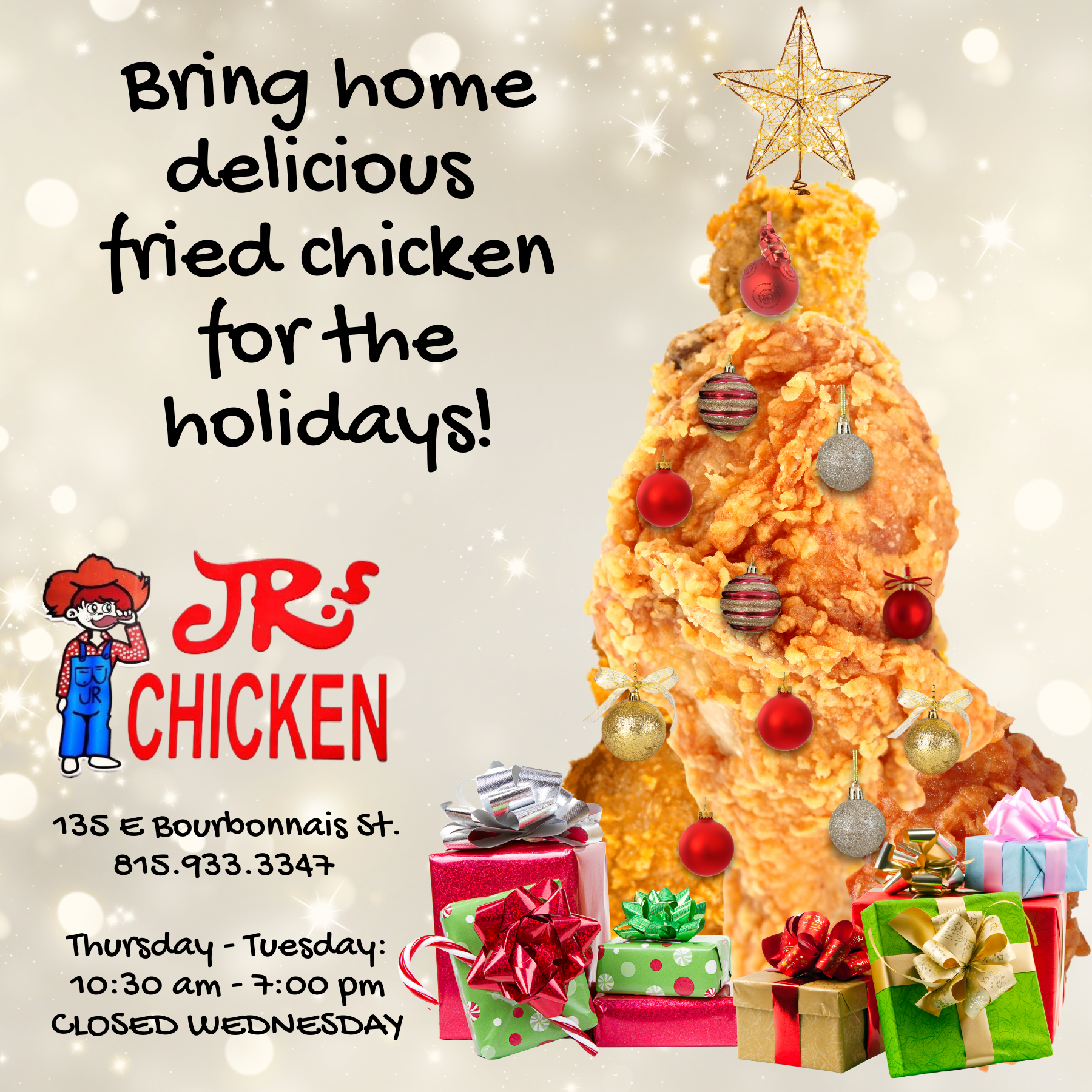A holiday advertisement for JR Chicken featuring a fried chicken drumstick decorated like a Christmas tree with ornaments and a star topper, surrounded by wrapped presents. The background has a festive glow with sparkles and bokeh effects. Text promo