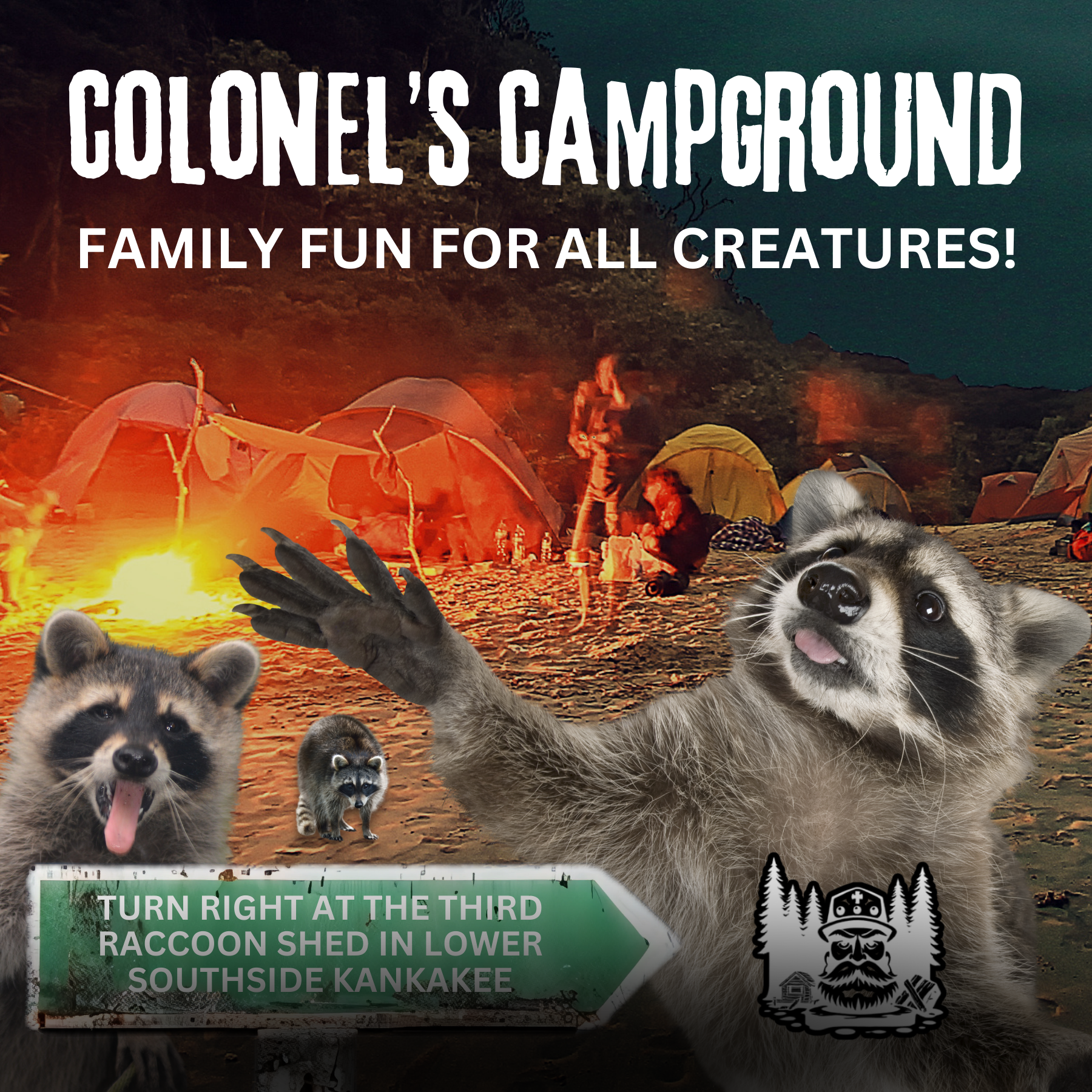 A promotional poster for Colonel's Campground featuring a camping scene with tents and a campfire, alongside playful raccoons, with text indicating activities for families and children.