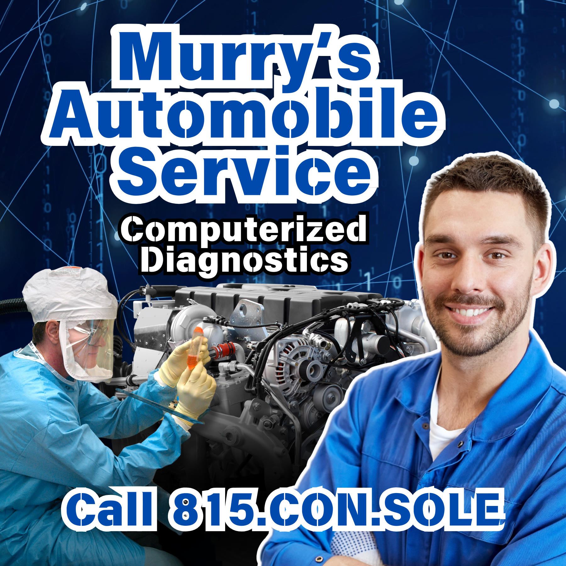 An advertisement for Murray's Automobile Service featuring a smiling mechanic in a blue uniform, a technician working on a car engine, and a background with digital data and connections. Text includes the service name, computerized diagnostics, and a
