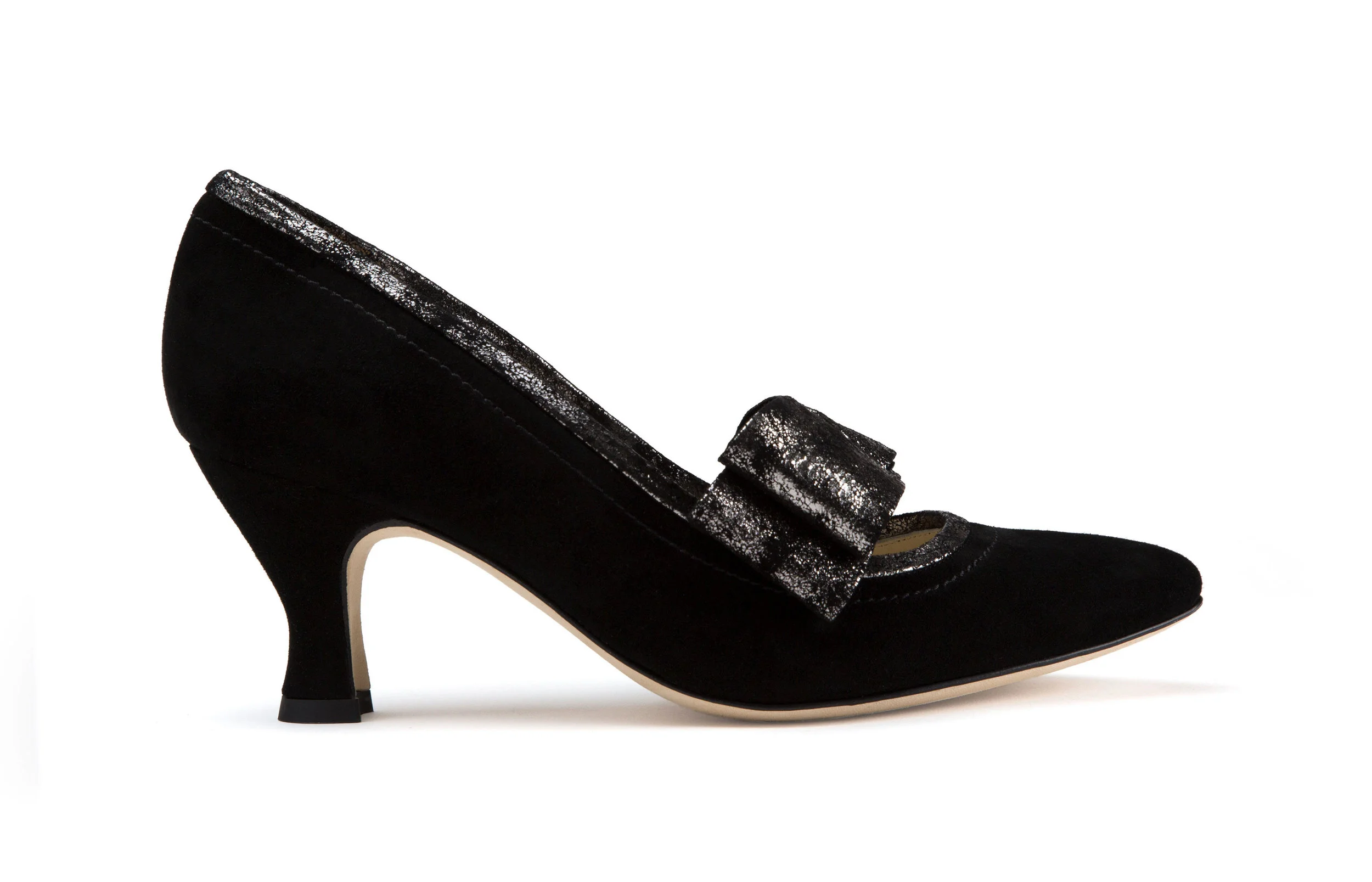 Evelyn Ford Kim black suede luxury pump metallic textured leather bow and trim