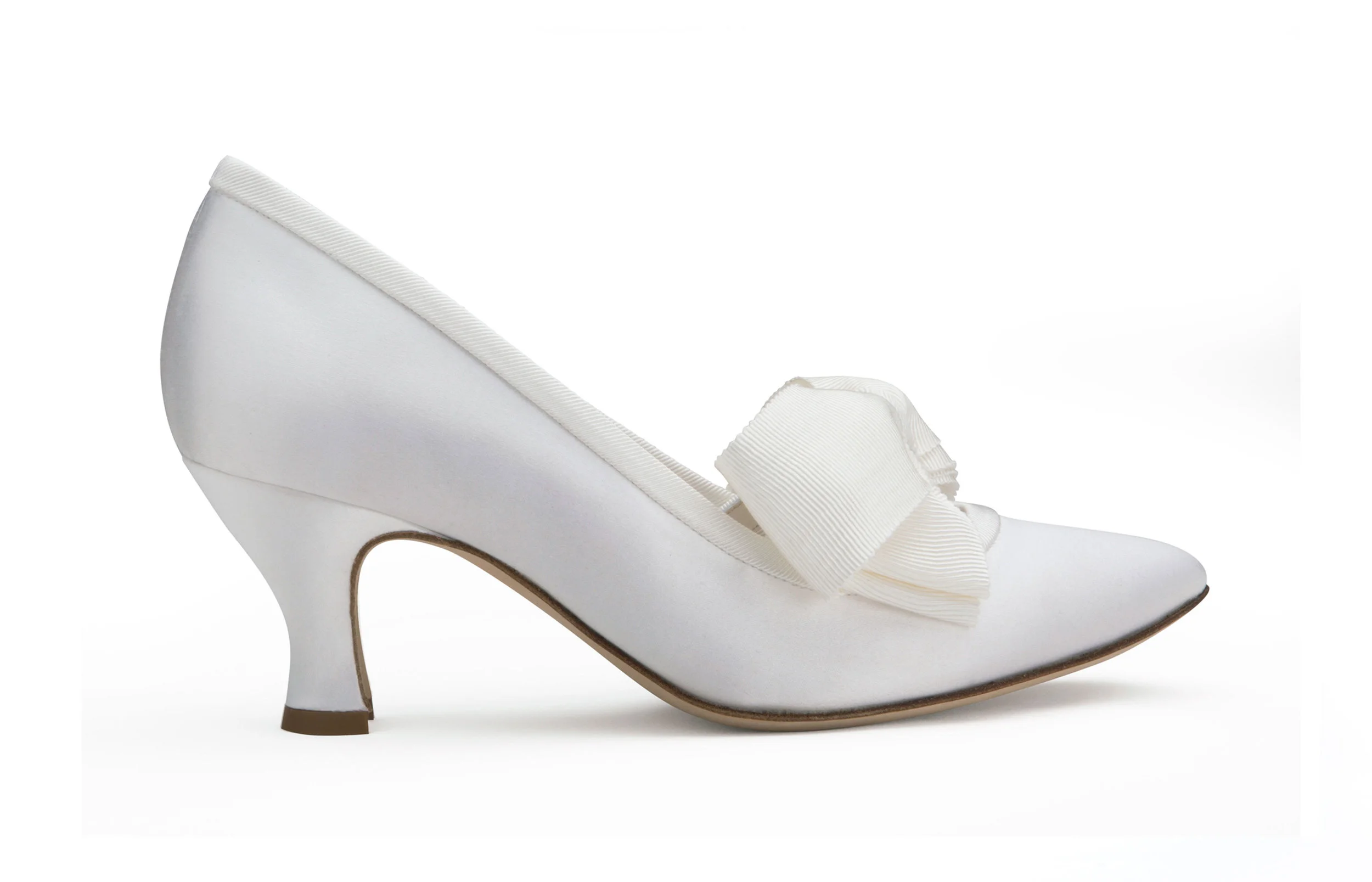 Evelyn Ford Kim white silk satin bridal pump off-white grosgrain bow and trim