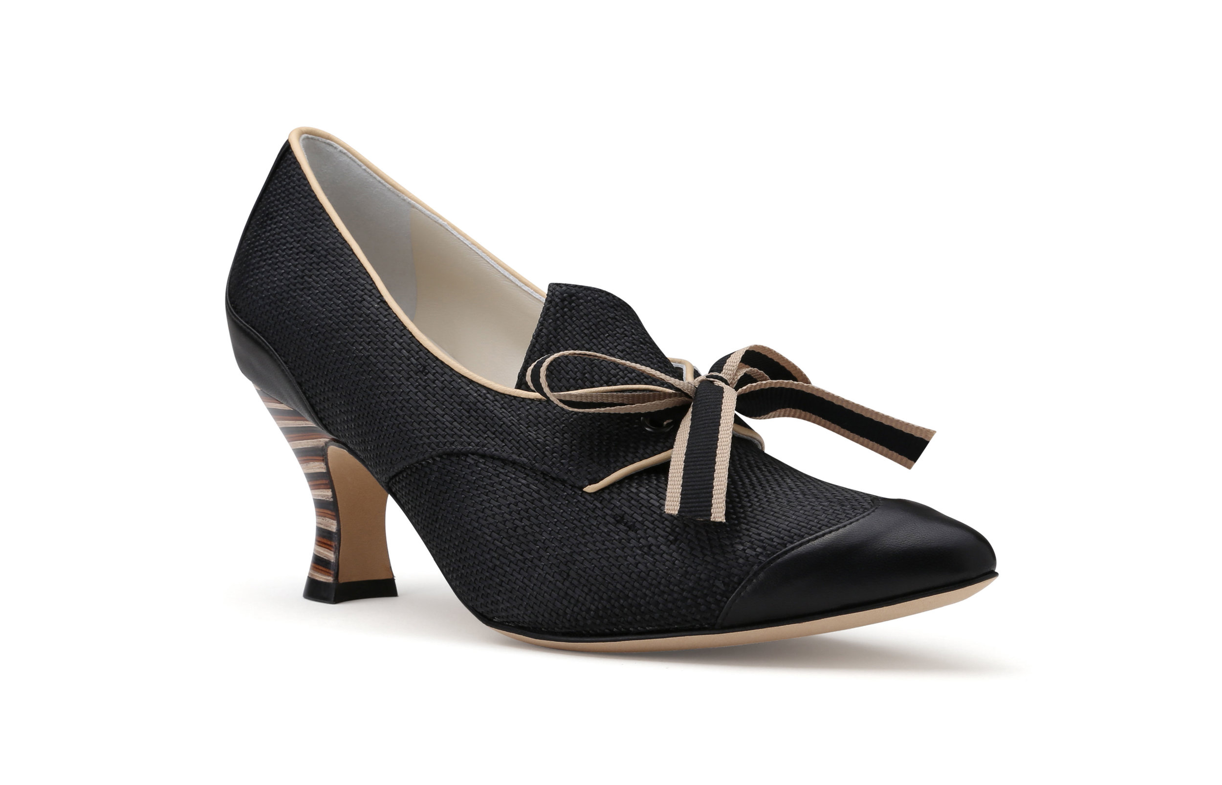 Casey black raffia pointed toe pump front angle taupe bow detail