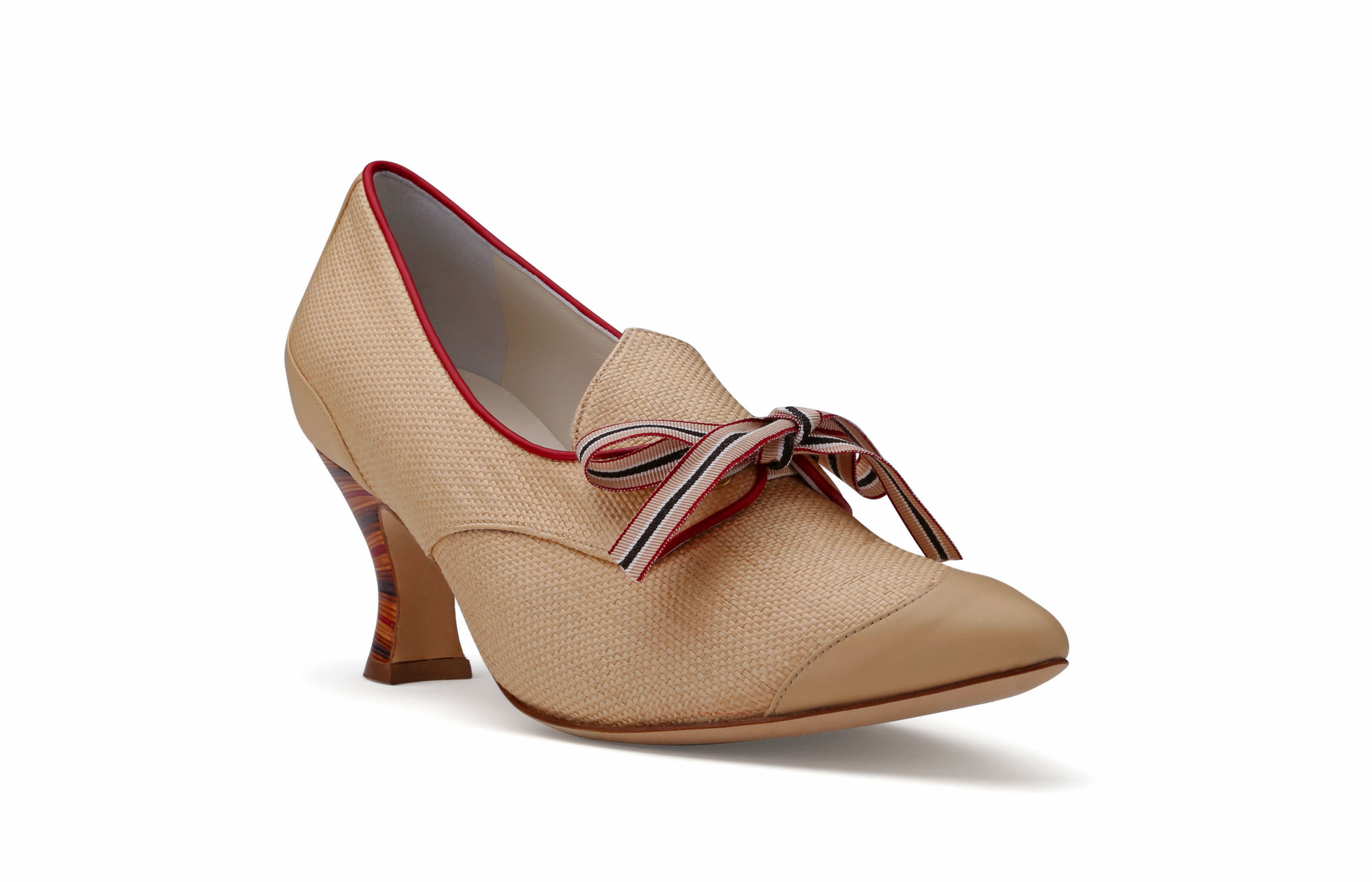 Casey camel raffia pointed toe pump front angle striped bow red piping