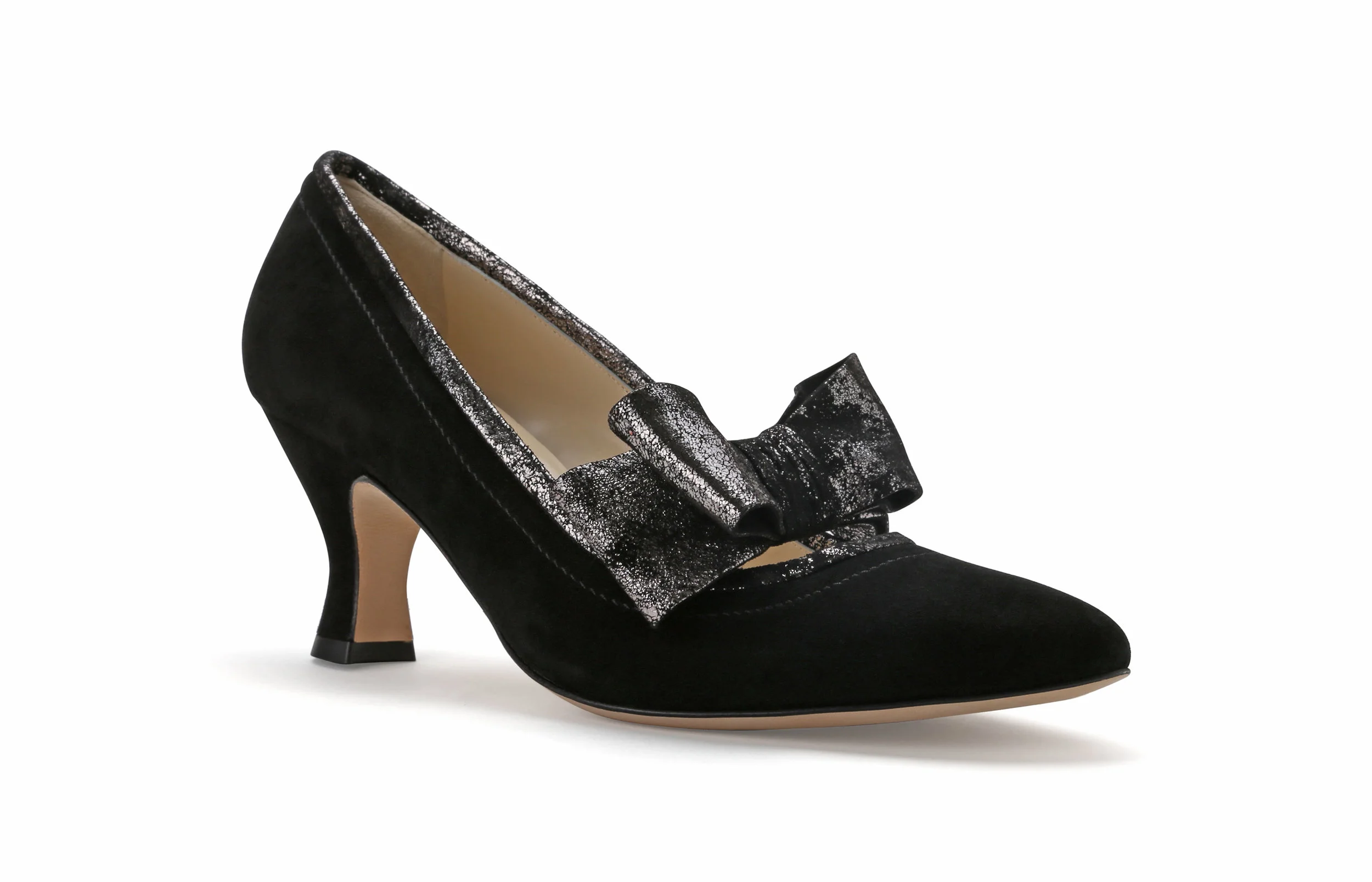 Kim black suede pump front angle metallic textured leather bow detail