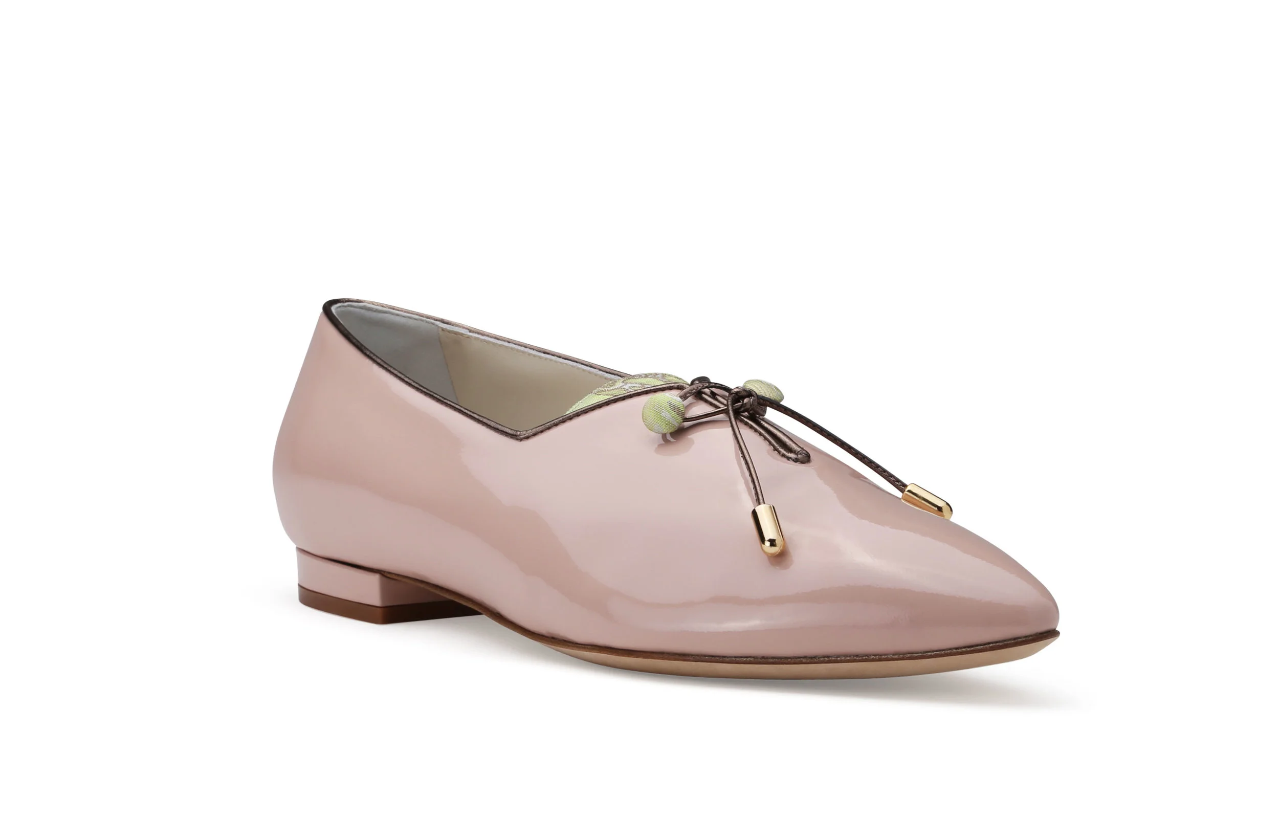 Shelley nude pink patent leather flat front angle fabric tongue kid leather trim gold hardware detail