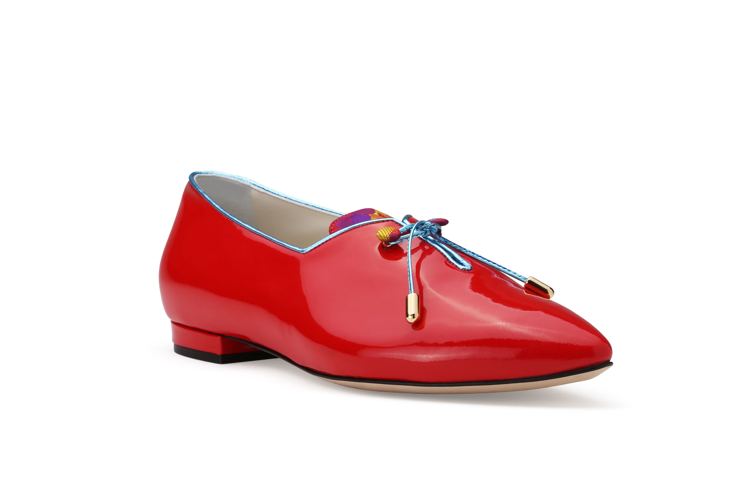 Shelley red patent leather flat front angle multicolor fabric tongue blue kid leather trim gold hardware