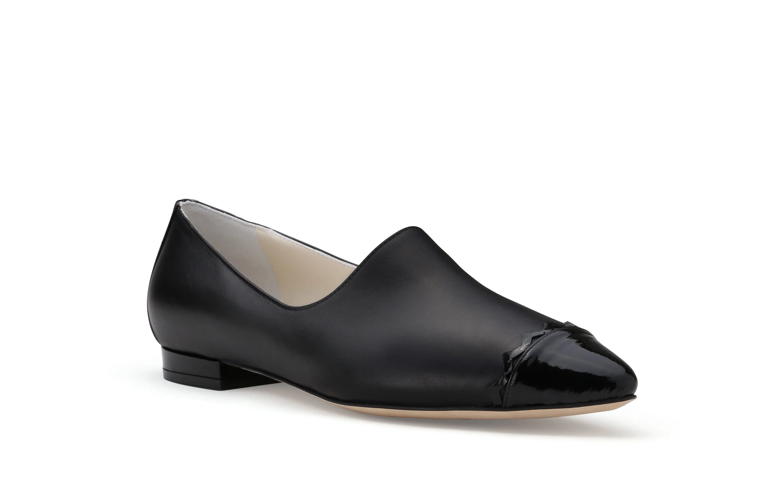 Solange black nappa kid leather flat front angle contrasting patent scalloped cap toe perlato finish