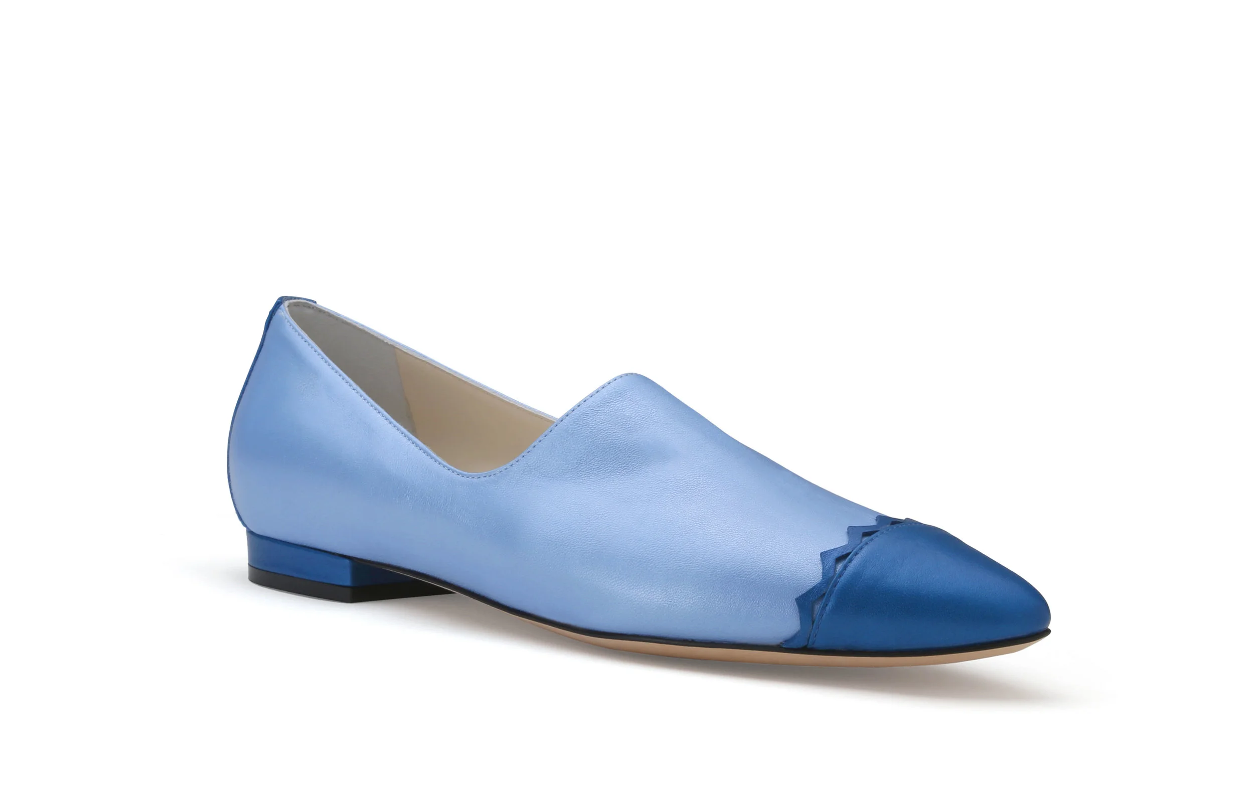 Solange blue nappa kid leather flat front angle contrasting scalloped cap toe perlato finish