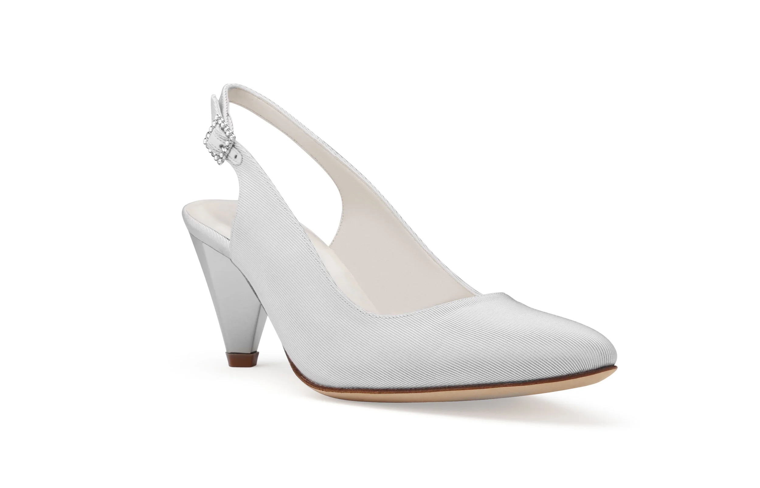 Kalinda white silk grosgrain bridal slingback front angle chrome galvanized heel pearl rhinestone buckle