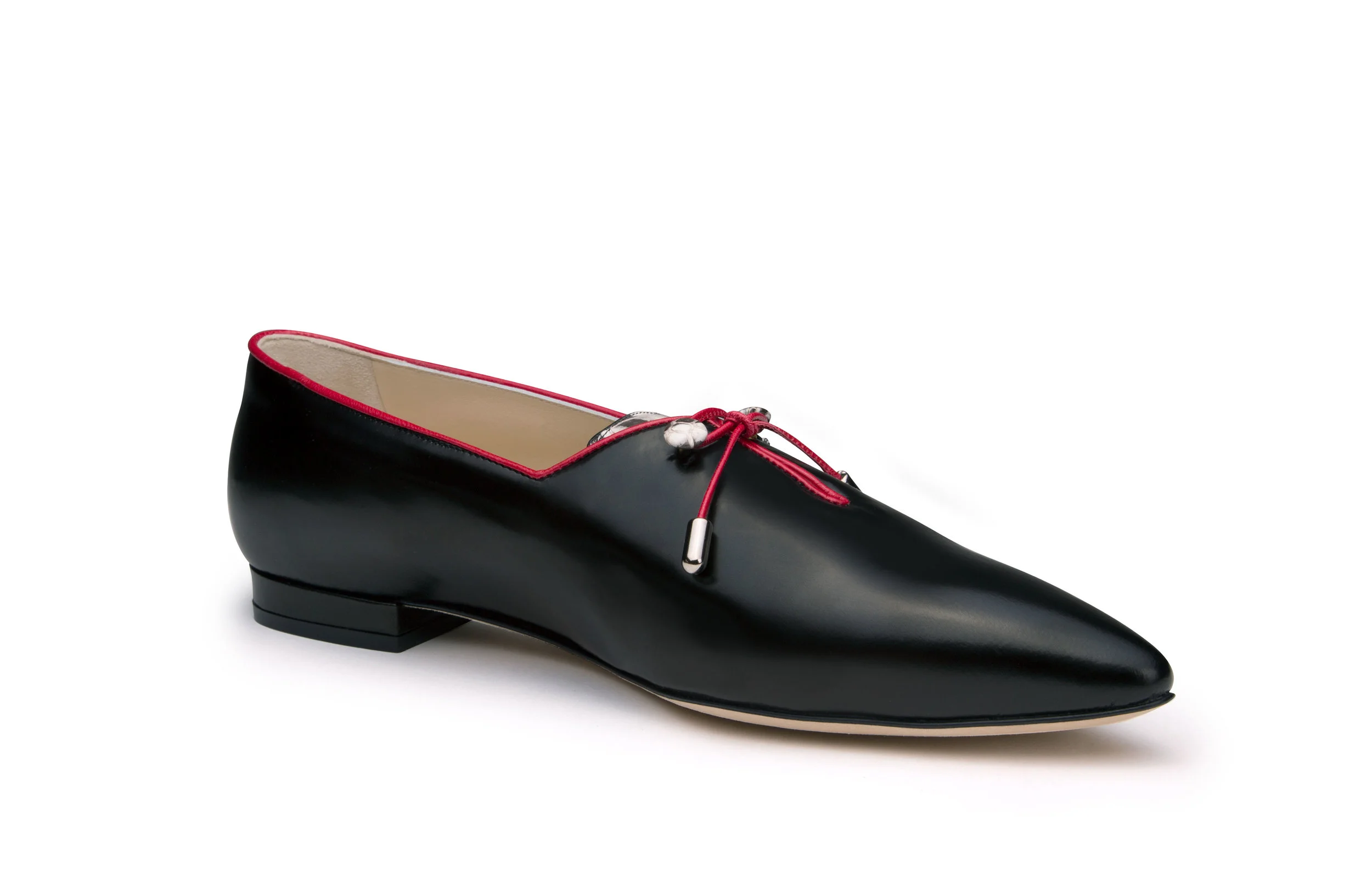 Shelley black nappa kid leather pointed toe flat front angle red kid leather trim snakeskin tongue