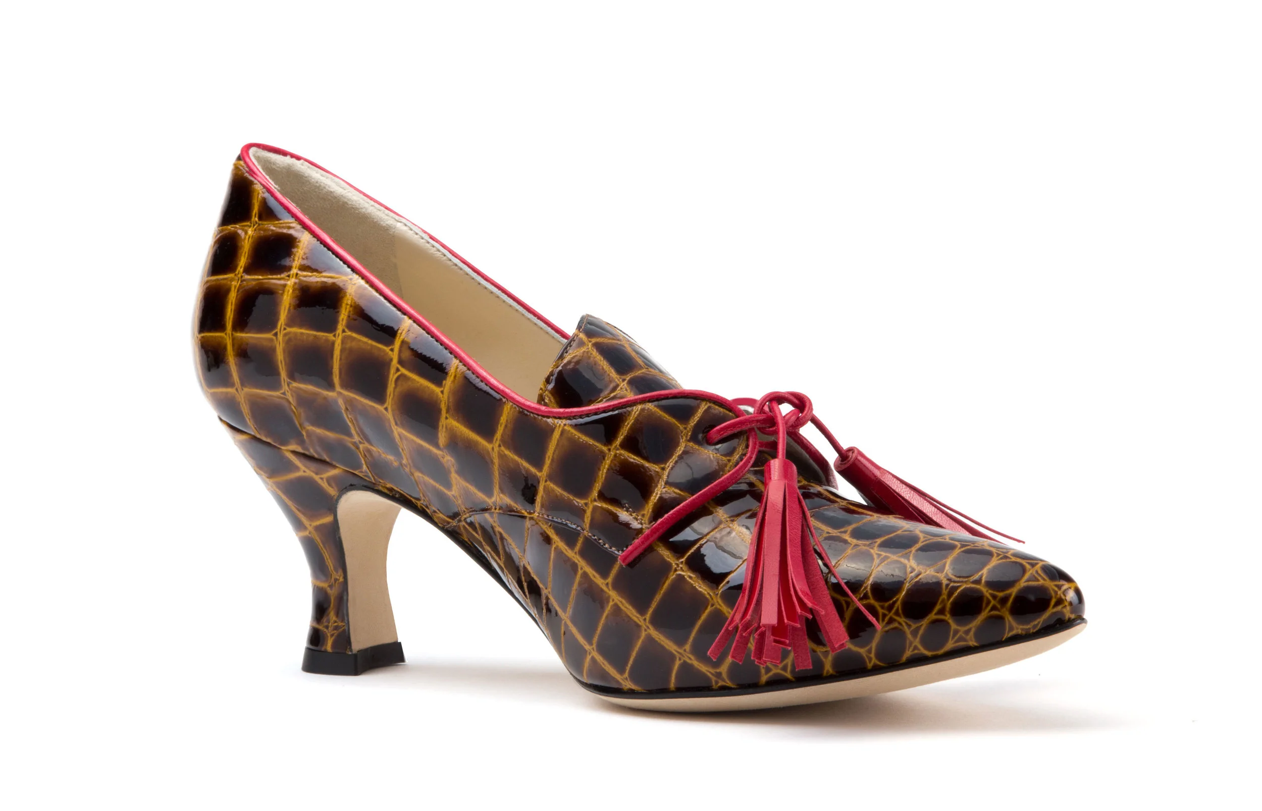 asey brown crocodile embossed pump front angle red leather tassel and piping detail