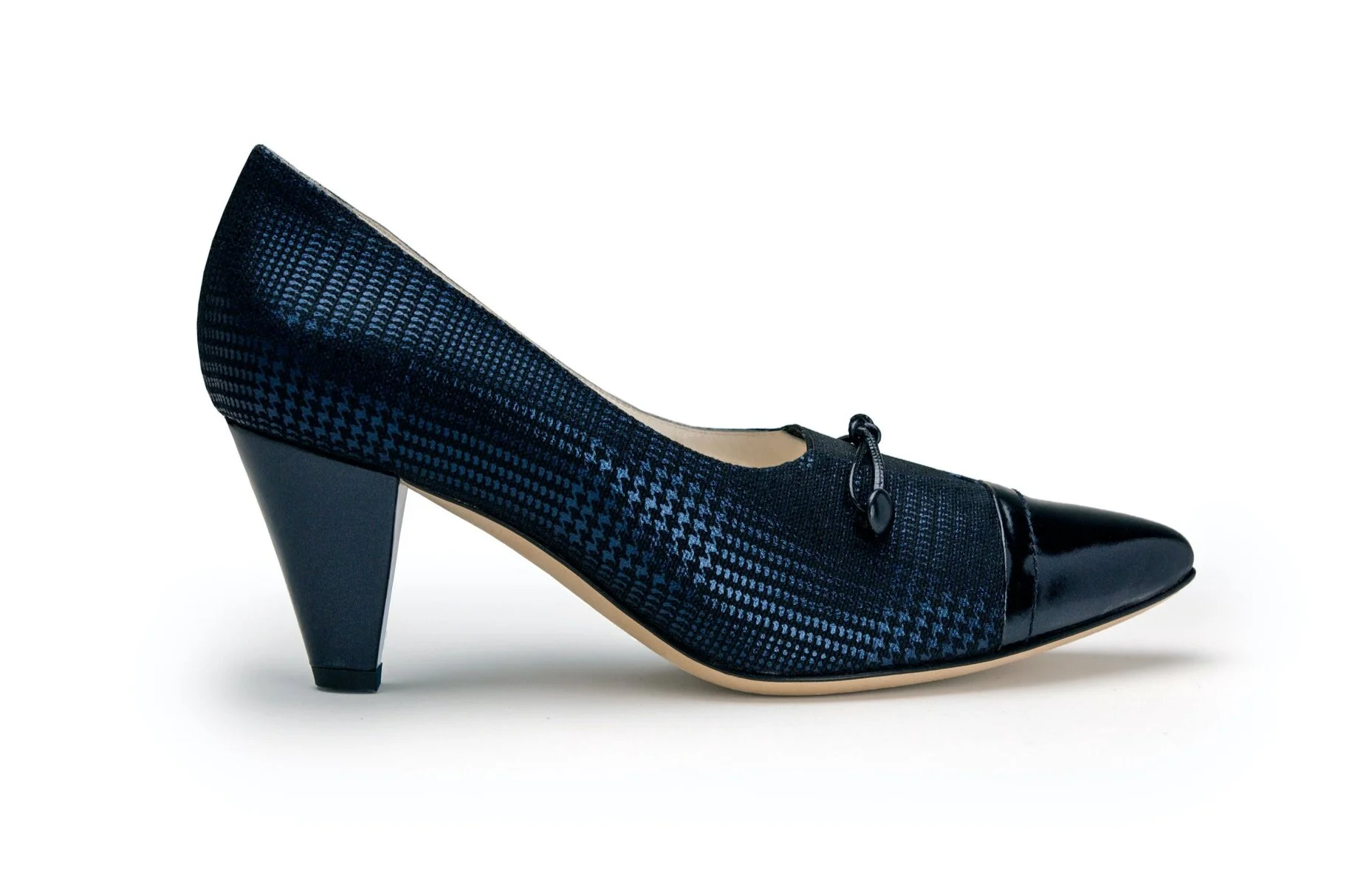 Evelyn Ford Beverly navy blue plaid luxury pump black patent cap toe bow detail