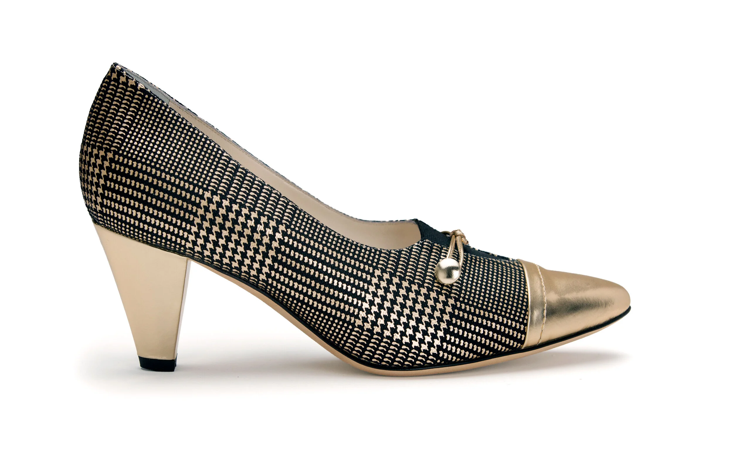 Evelyn Ford Beverly gold black metallic plaid luxury pump gold metallic cap toe and heel