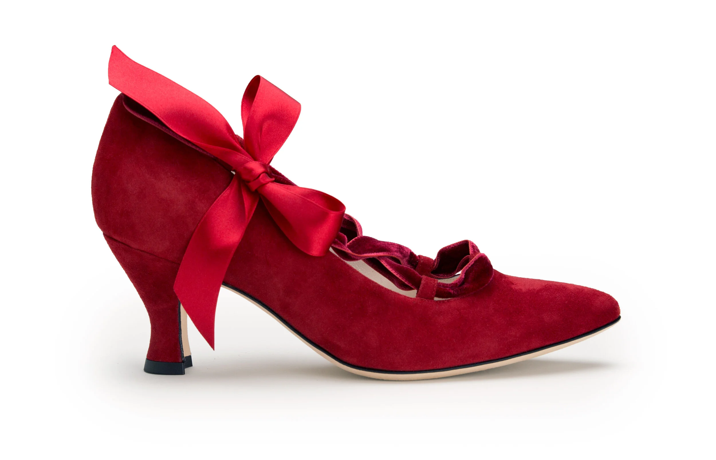 Evelyn Ford Katherine red suede luxury pump satin and velvet ribbon bow