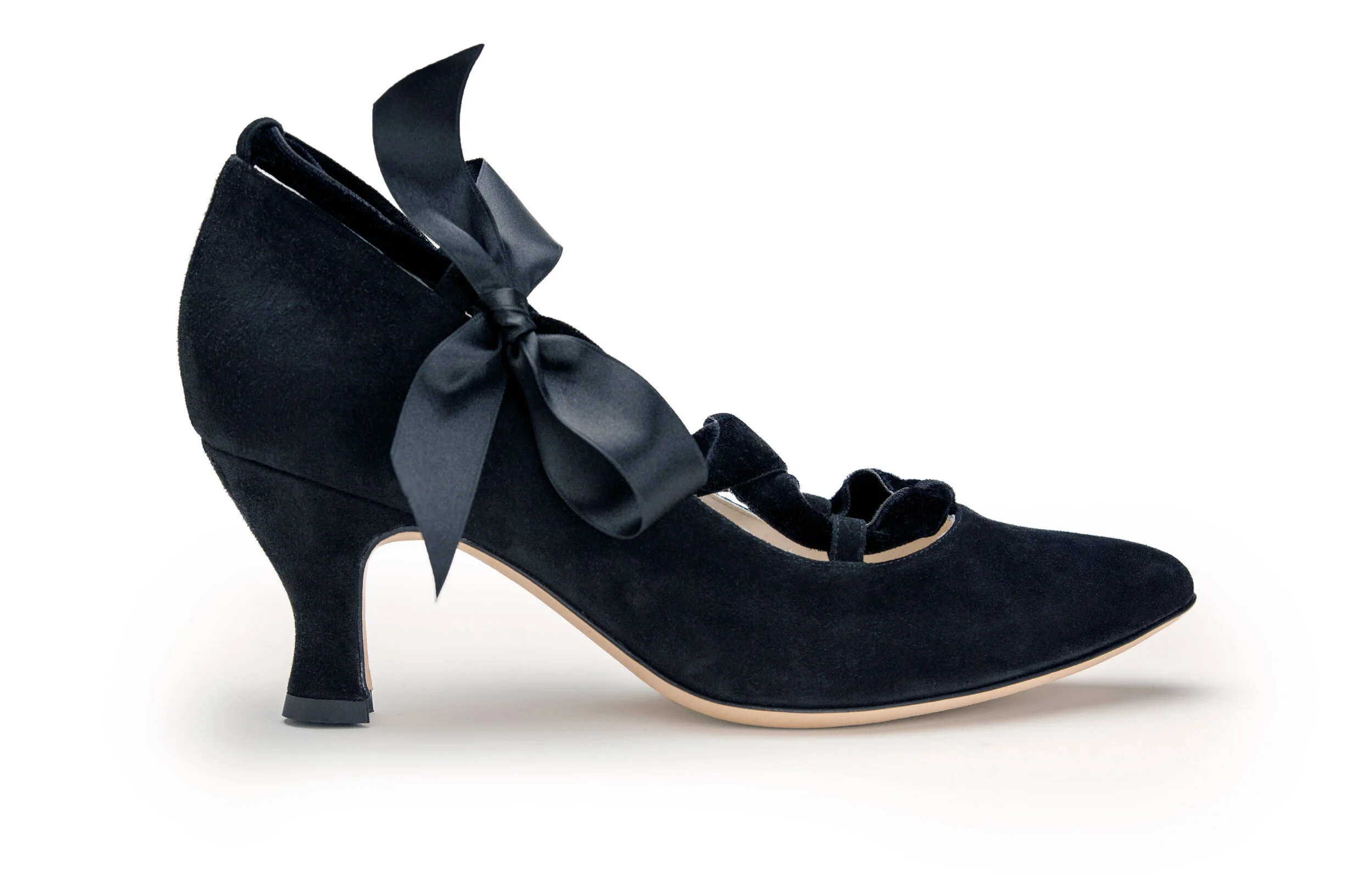 Evelyn Ford Katherine black suede luxury pump satin and velvet ribbon bow