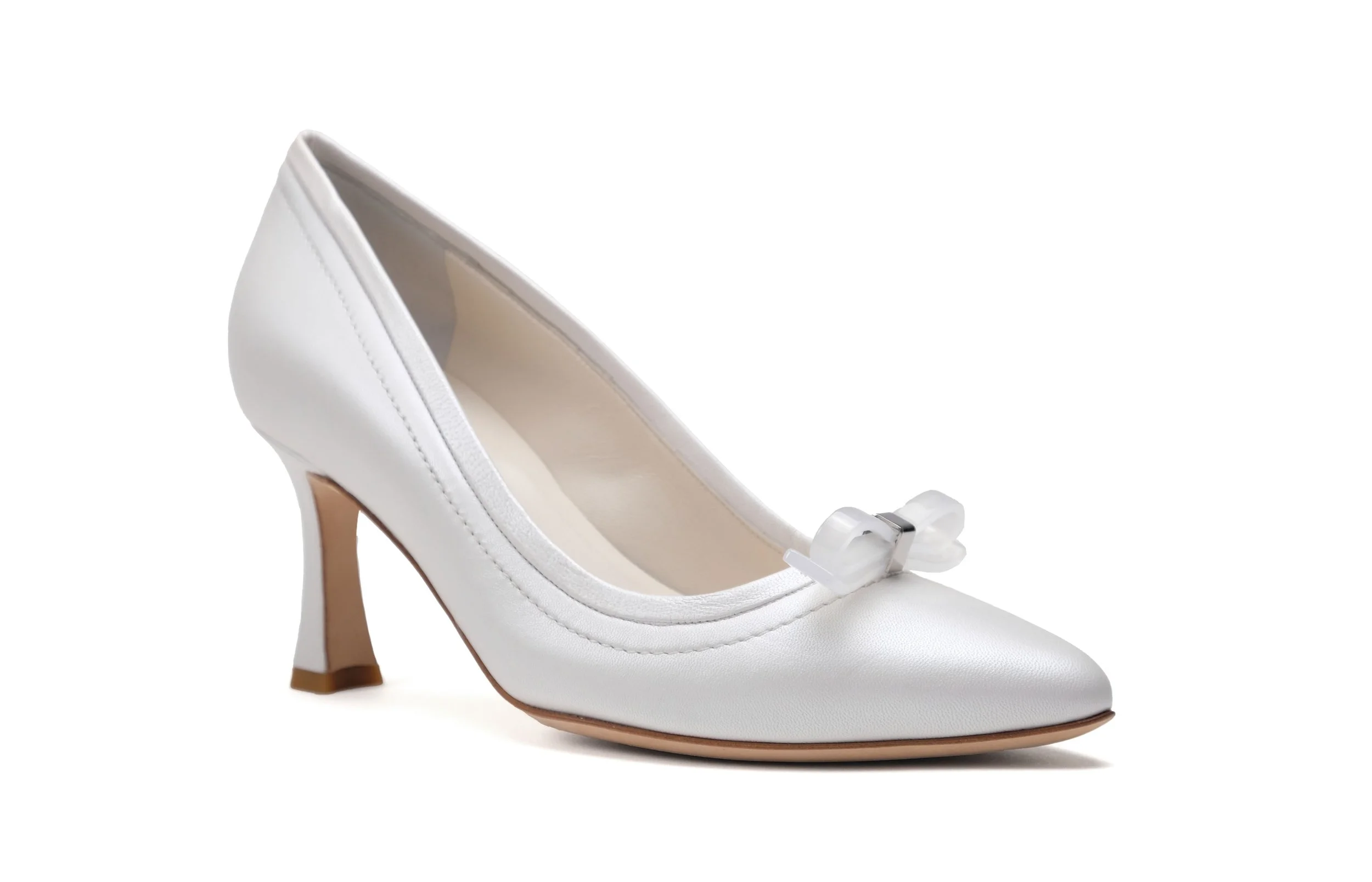 Karen white metallic kid leather pump front angle lucite and metal bow bridal heel