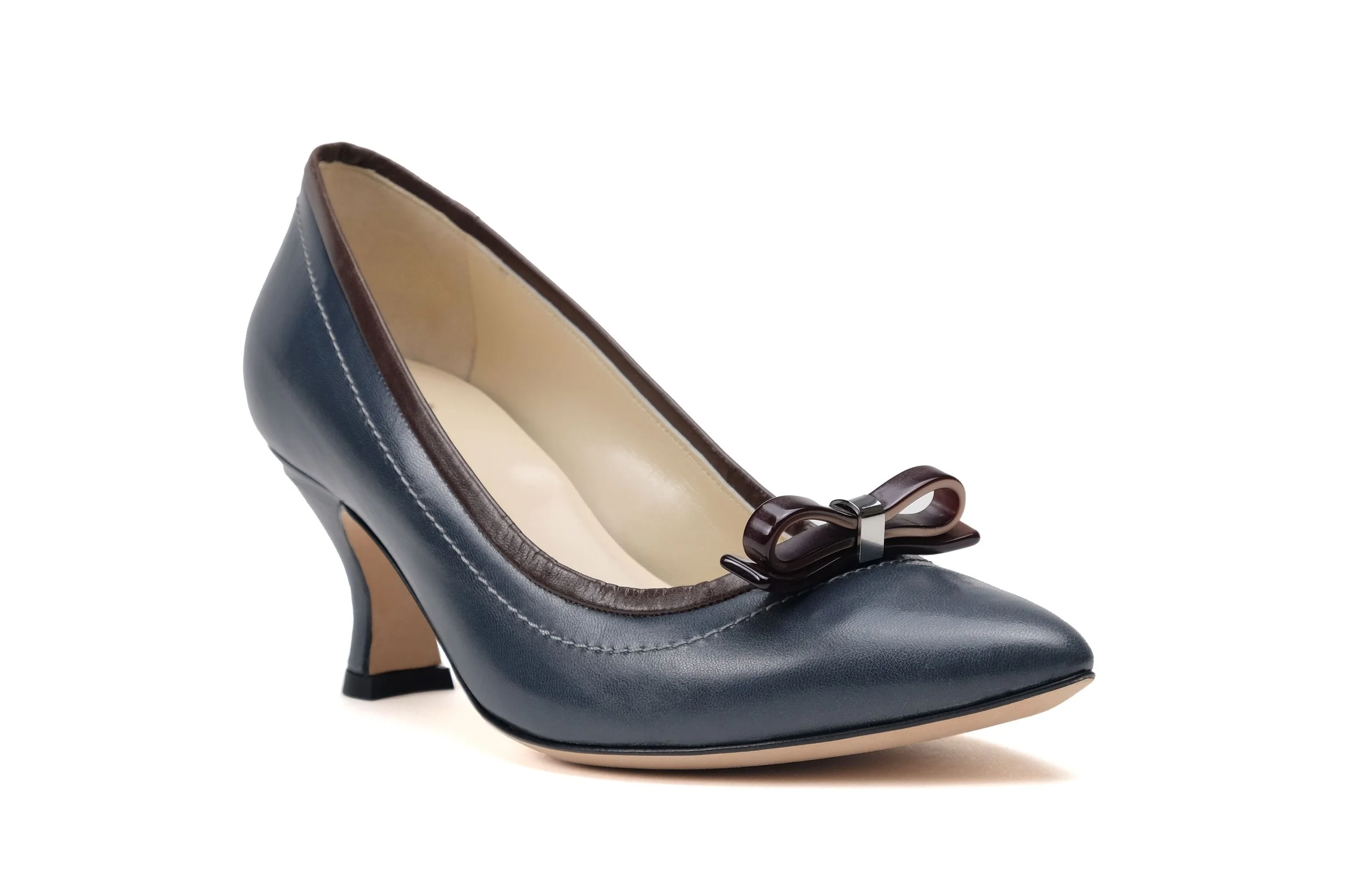 Karen navy blue Italian leather pump front angle brown leather trim metal bow 2.25 inch heel