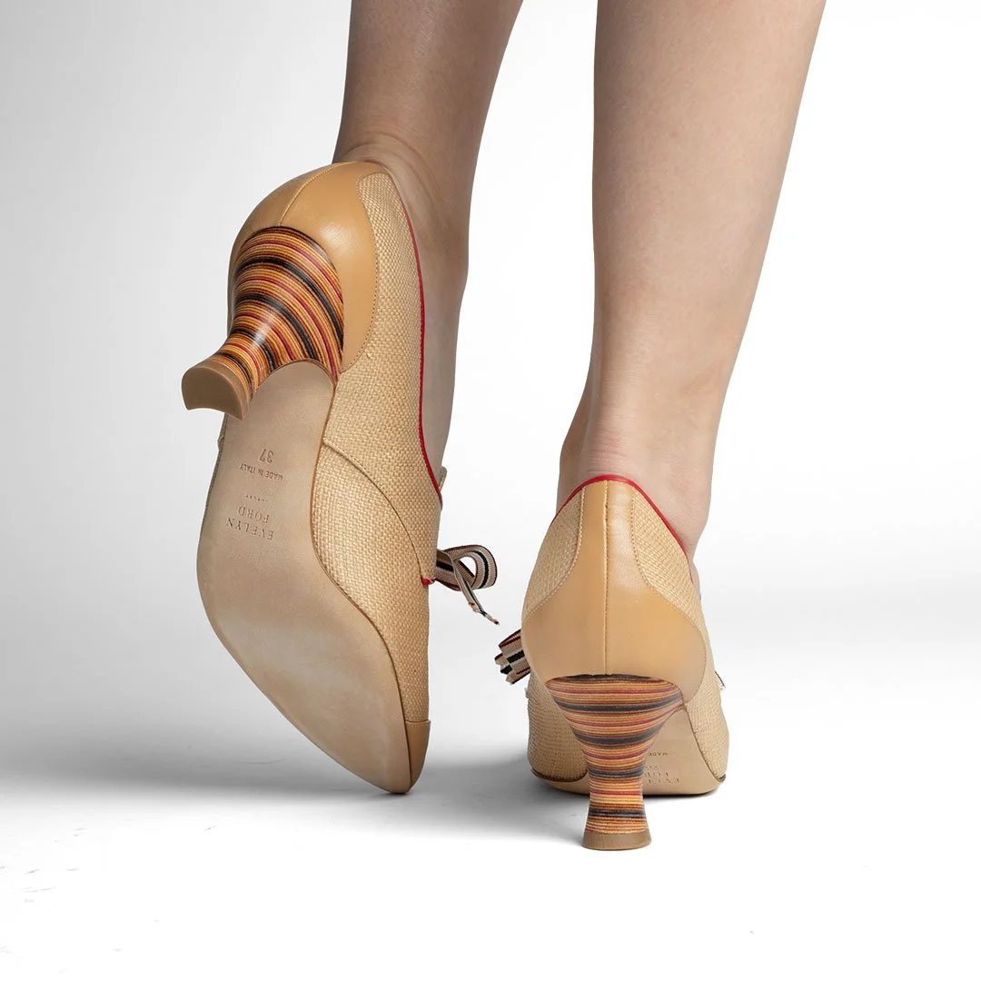 Casey camel raffia pump back view polychrome stacked leather heel red piping
