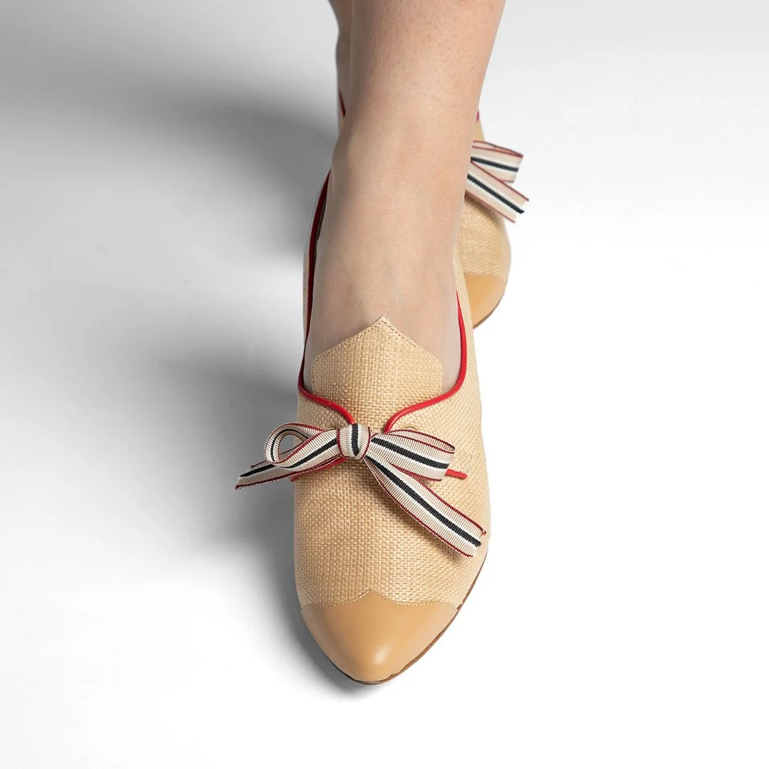 Casey camel raffia pump toe close-up striped grosgrain bow red leather trim detail