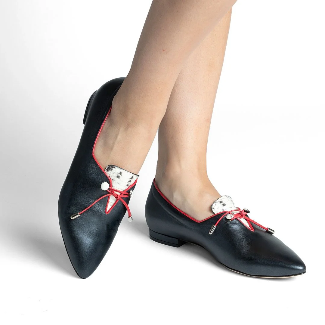 Shelley black nappa kid leather luxury flat worn front view red trim snakeskin tongue lifestyle