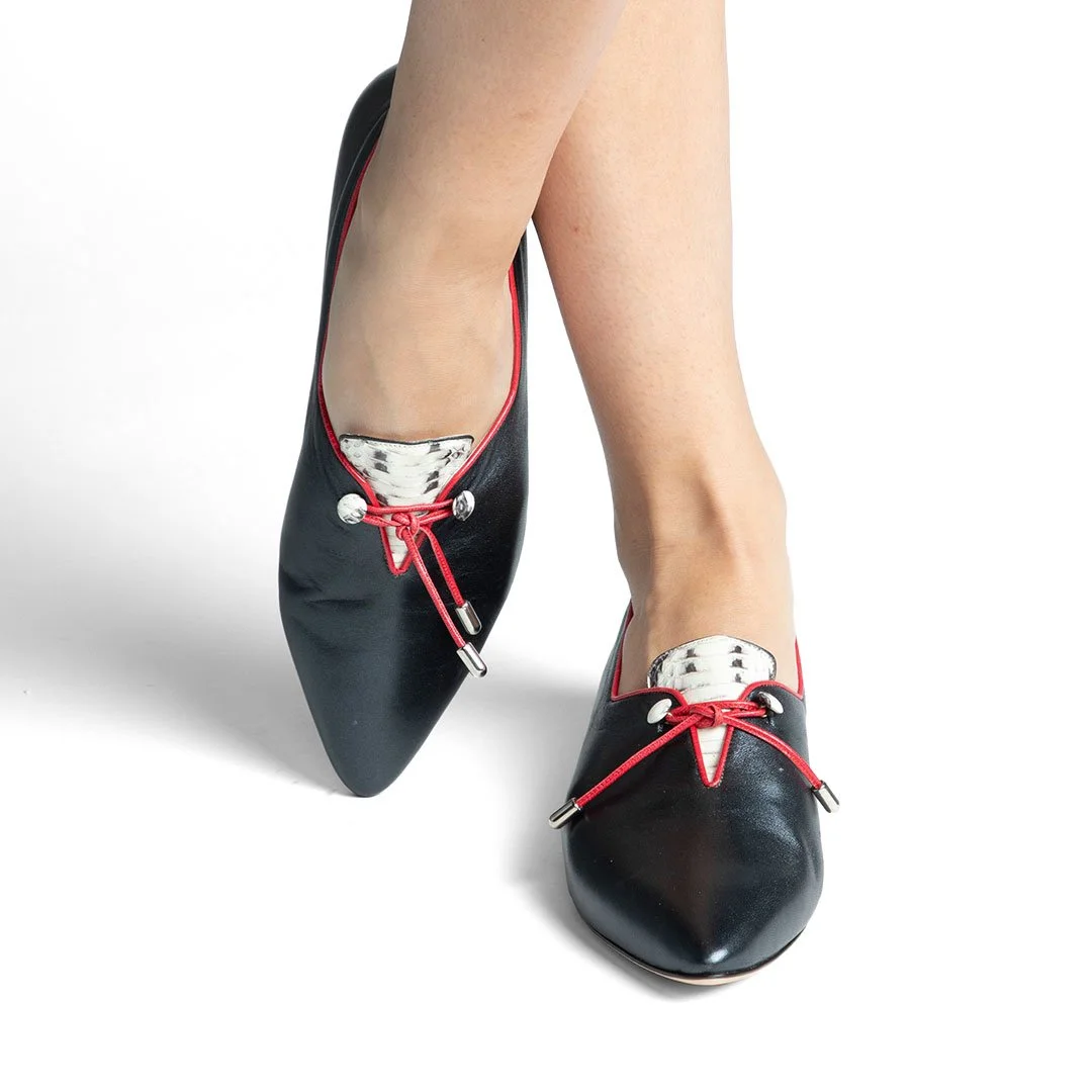 helley black nappa flat overhead close-up snakeskin tongue red leather trim silver hardware detail