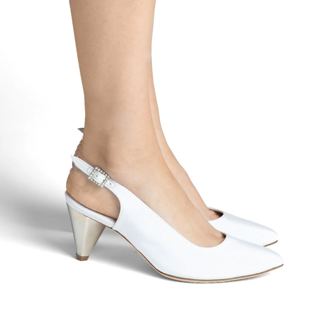 Kalinda white silk grosgrain bridal slingback worn back view pearl rhinestone adjustable buckle chrome heel