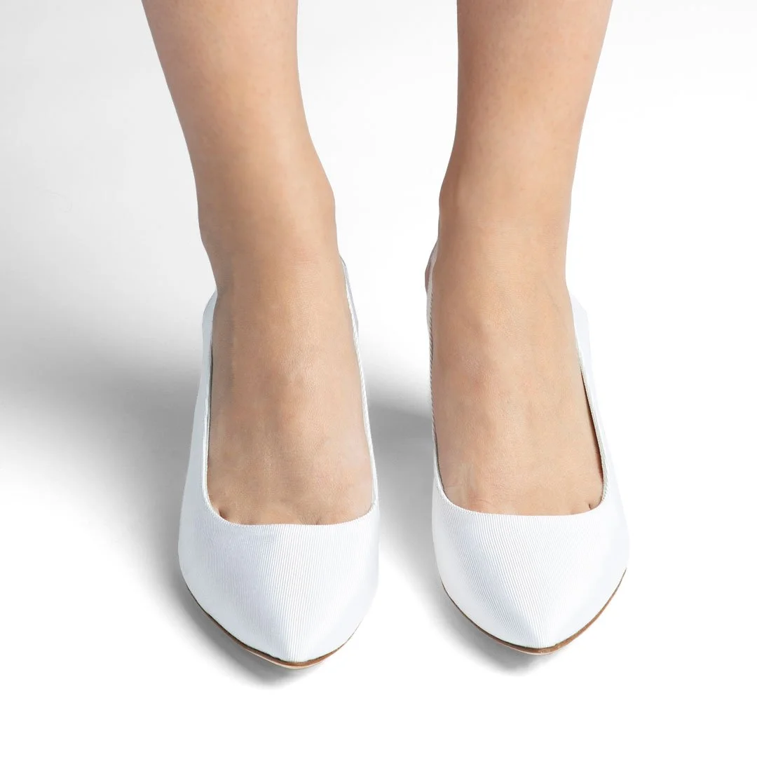 Kalinda white silk grosgrain bridal slingback overhead close-up pointed toe luxury wedding shoe