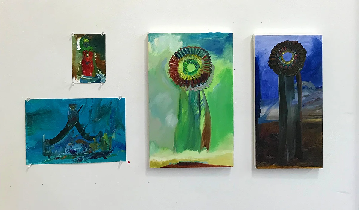 Paintings on paper Bishop and Stand Down with oil on canvas A Day For Fred and Maiden