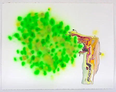Spray Tree, 2014, spray paint, colored pencil, marker and gouache on paper, 38 x 50 in. Photo by Tim Davis and Pete Mauney, courtesy the artist.