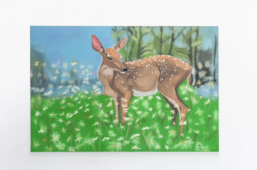 Dear and Daises (Life of the Fawn), 2004, oil on canvas, 72 x 108 inches. Courtesy Ann Craven Studio and Maccarone, New York.