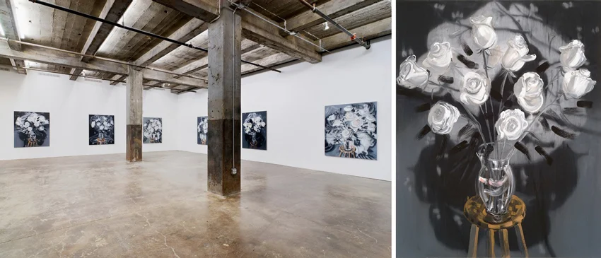 Left: Flowers installation view at Maccarone Gallery, New York, 2010. Right: Roses (Black and White Fade), 2010, oil on linen, 60 x 48 inches. Courtesy Ann Craven Studio and Maccarone, New York.