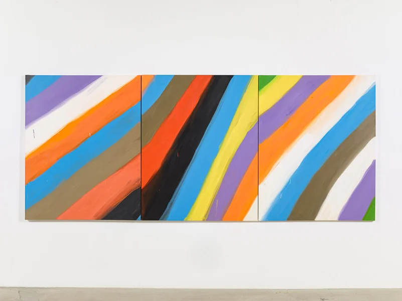 Stripe Triptych (Black, Blue, Purple; Orange, Blue, Brown, 2-01-08; Green, Yellow, Purple, 1-31-08), 2008, oil on canvas, 60 x 148 inches. Courtesy Ann Craven Studio and Maccarone, New York.