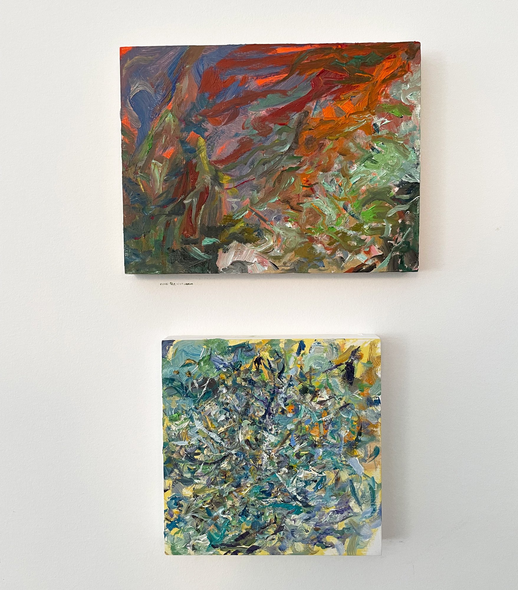  Behold, 2023, oil on panel, 6 x 8 inches (top) and Luminesce, 2023, oil on panel, 6 x 6 inches (bottom) 