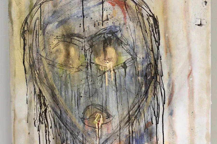 “When I seroconverted I had a rush of emotions, and the best way to process it for me ended up being painting,” said Jonathan Joseph Ganjian at the opening. Detail of Inside pictured above. Lucy Gellman Photos. 
