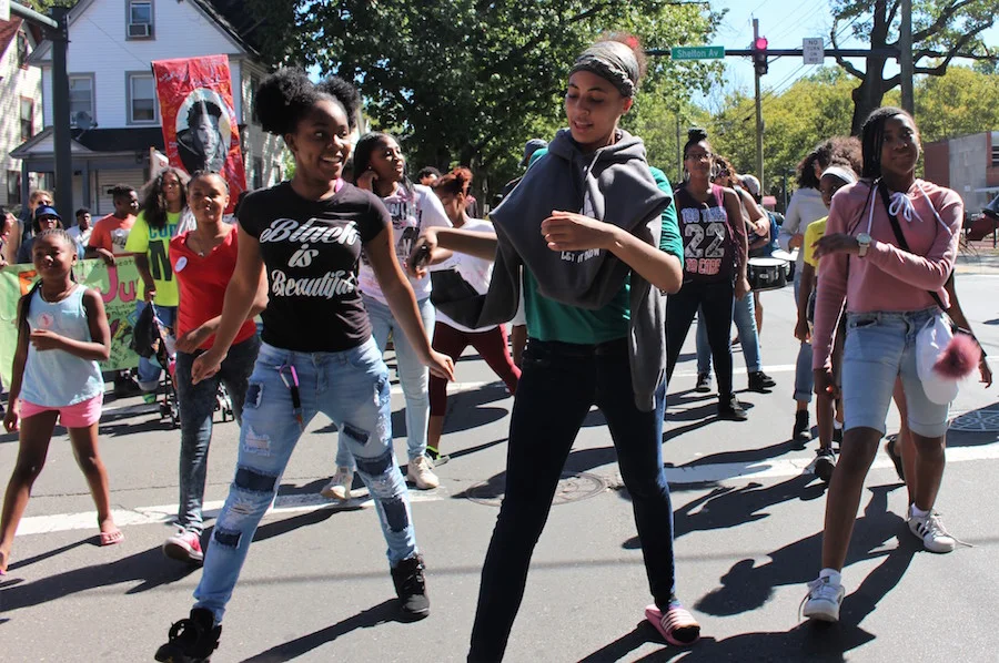 Young dancers from Ice The Beef Youth at a march for jobs last year. Thomas Breen File Photo for the New Haven Independent. 