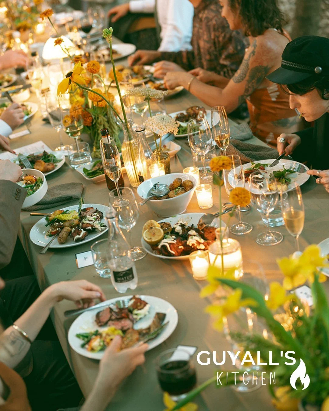 The sweet spot between elegant dinner party and absolute feast ✨ Candlelight, flowing wine, shared plates, and guests fully settling into the evening.
.
.
#guyallskitchen #weddingfeast #longtabledinner #luxurywedding #capetownweddings