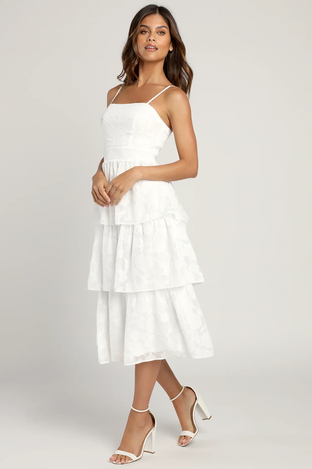 Square neck white midi dress with tiered lace ruffles