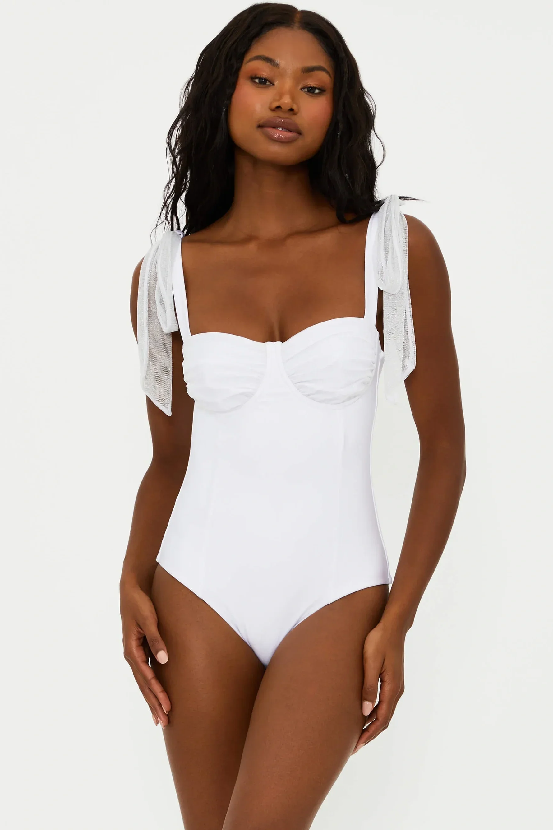 White One Piece Swim Suit with Tie Bow Detail
