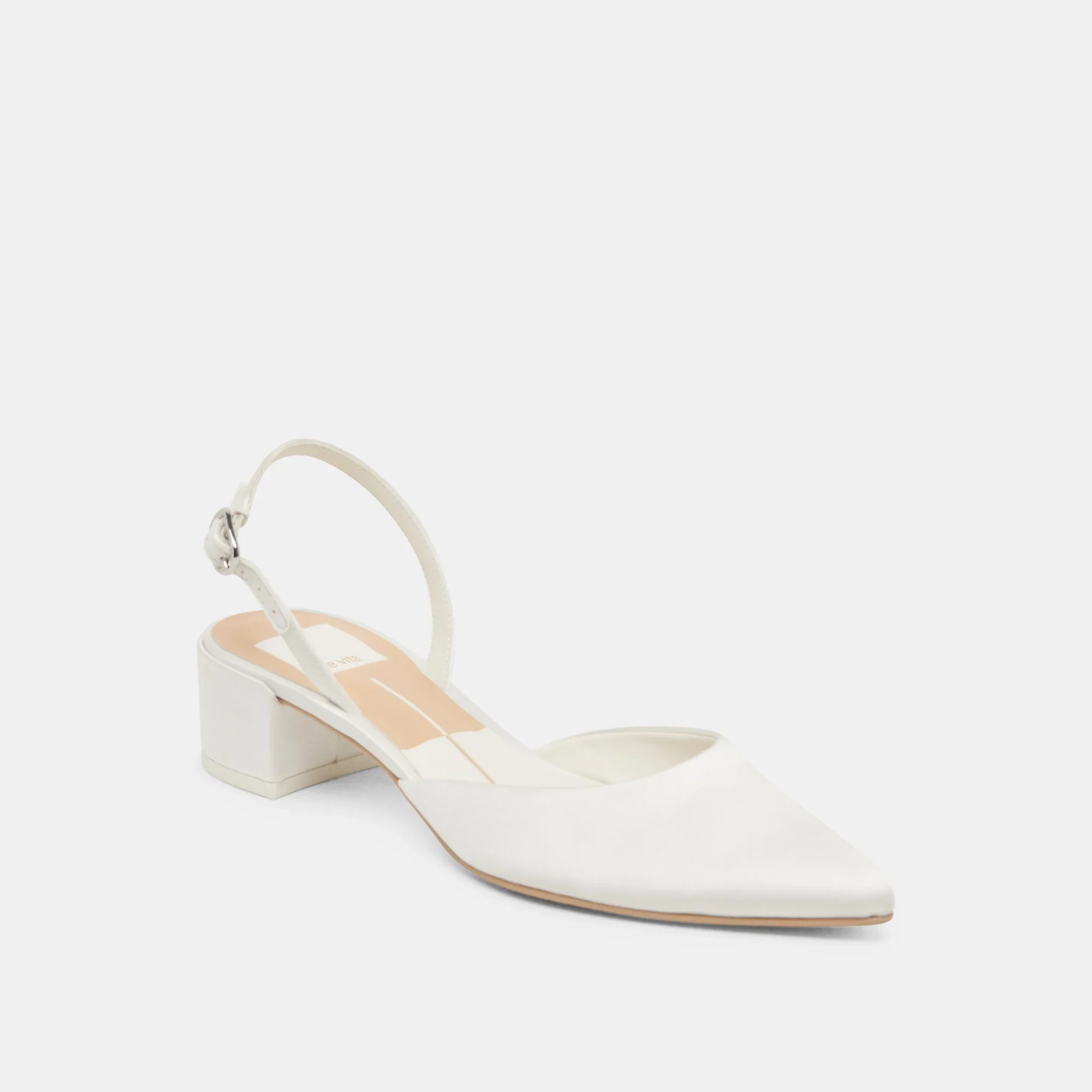 Simple satin low to the ground block heel with a pointed toe and ankle strap