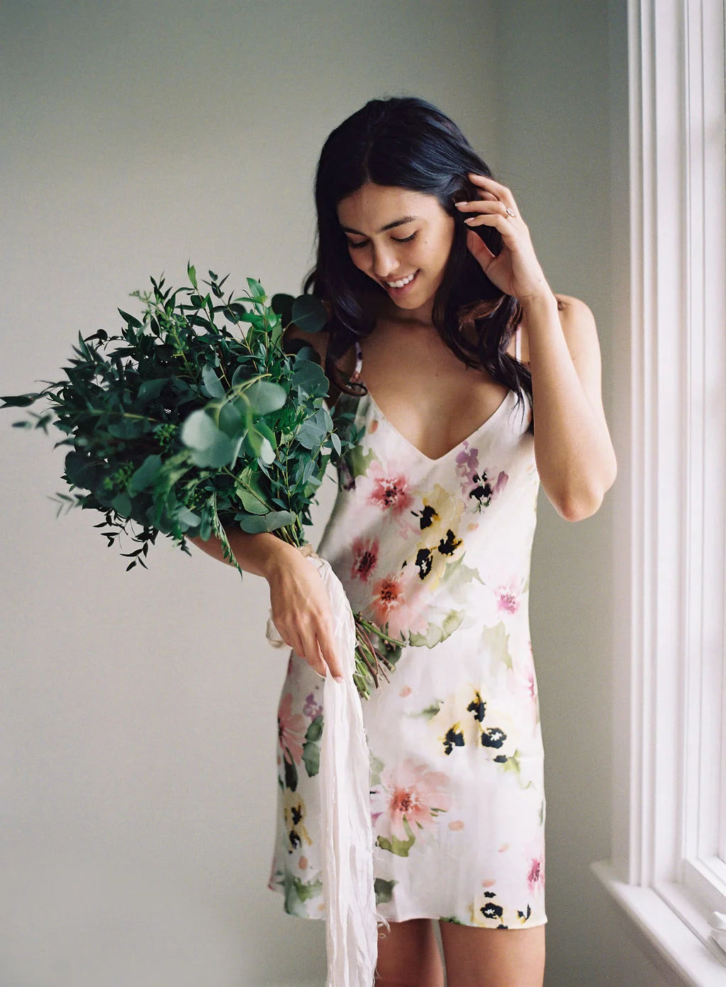 bridesmaids robe girl and a serious dream greenery bouquet