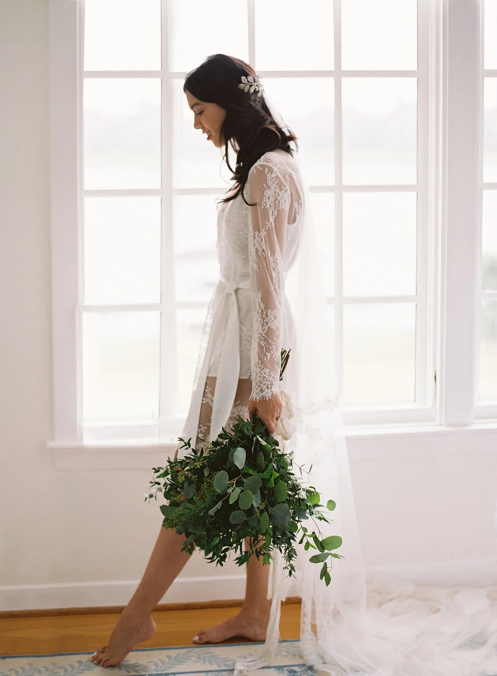 greenery bouquet bridal lingerie lace bridal robe boudoir bridal shoot