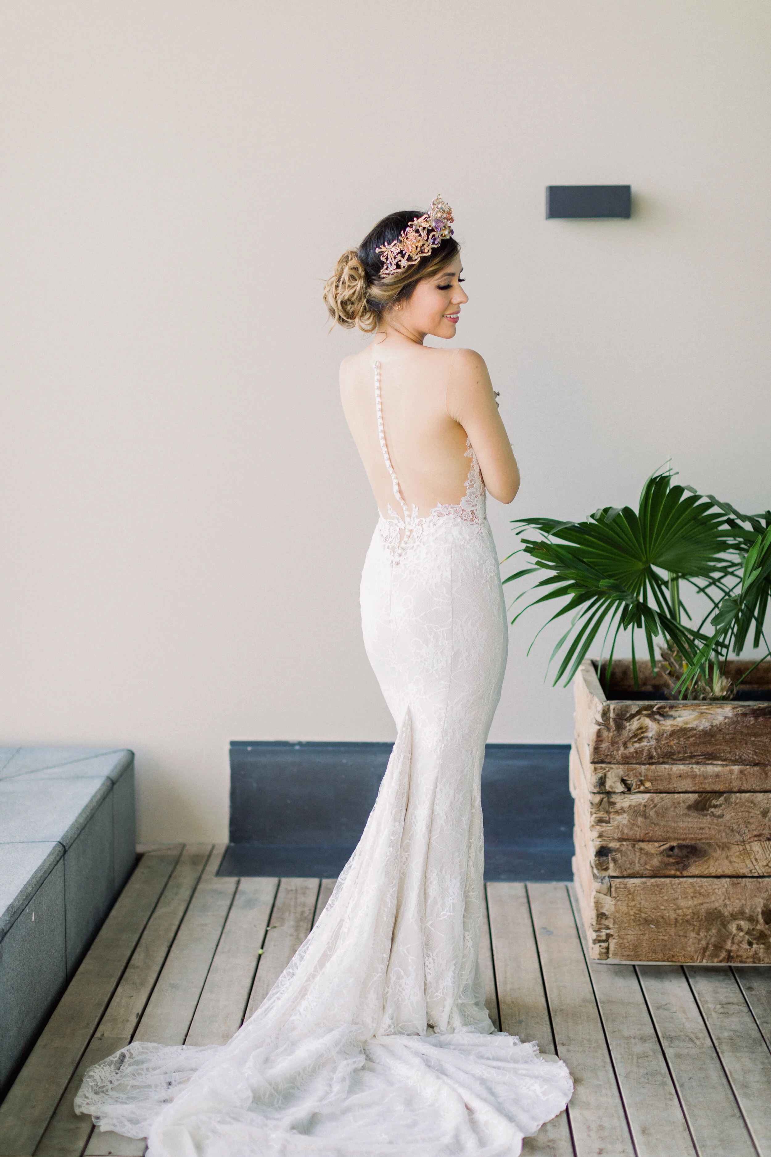 ines di santo bride wearing maria elena crown on wedding day