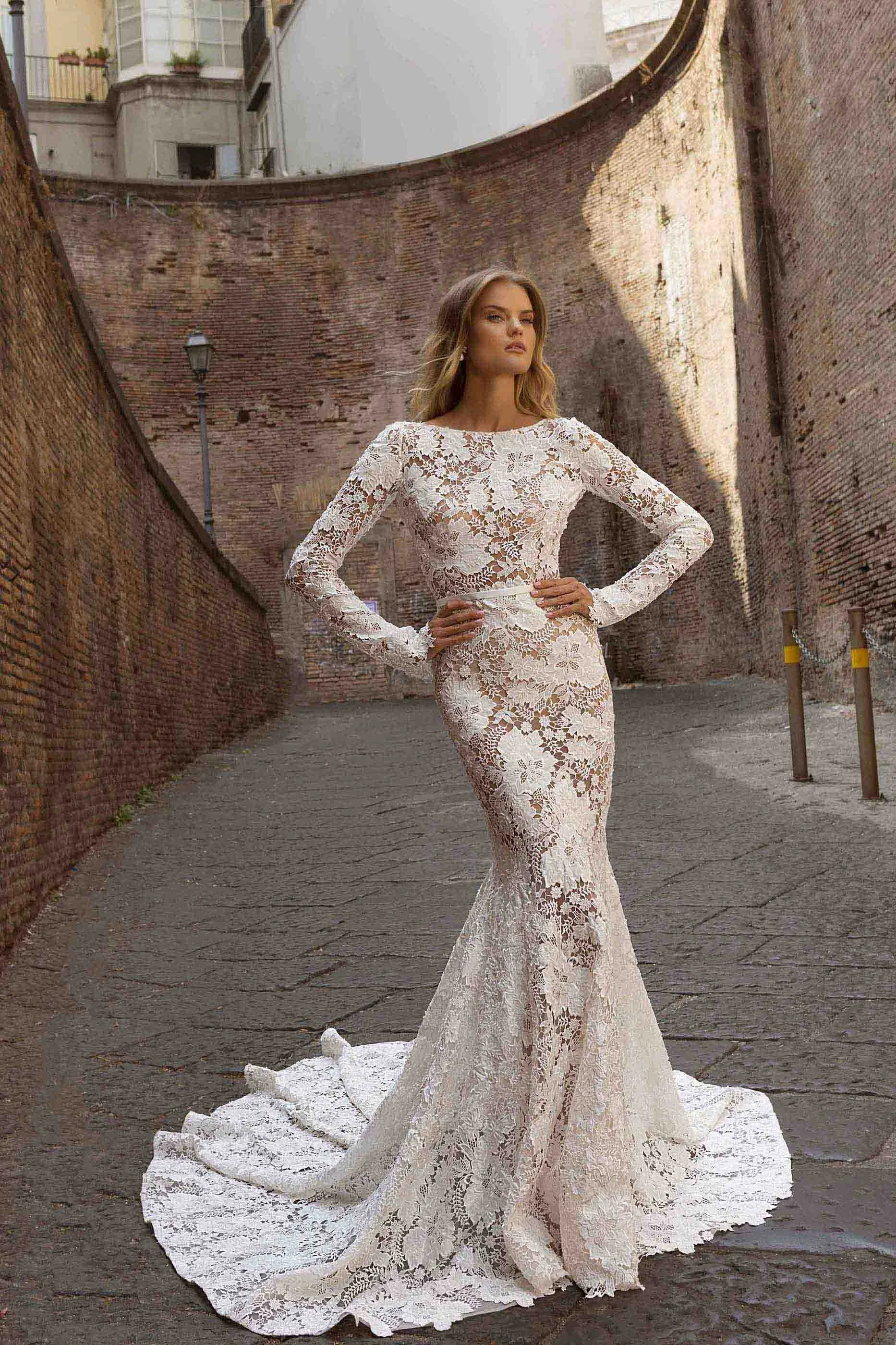 Long Sleeve Wedding Dress Fishtail Dresses Flare Sleeve Boho