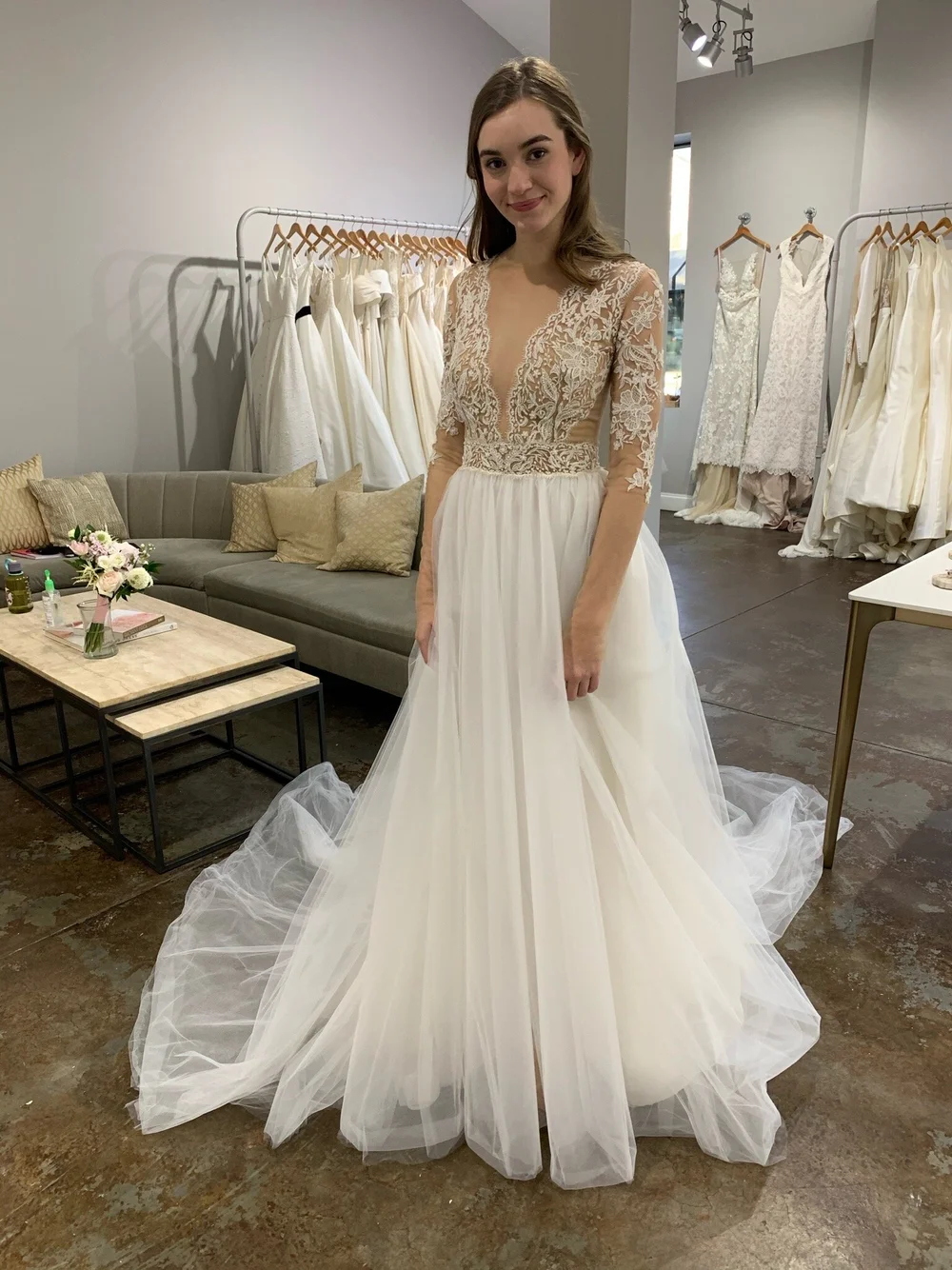 ines di santo long sleeve wedding dress Modern And Unique Lace Fit-And-Flare Wedding Dress With Tulle Cape main image 1