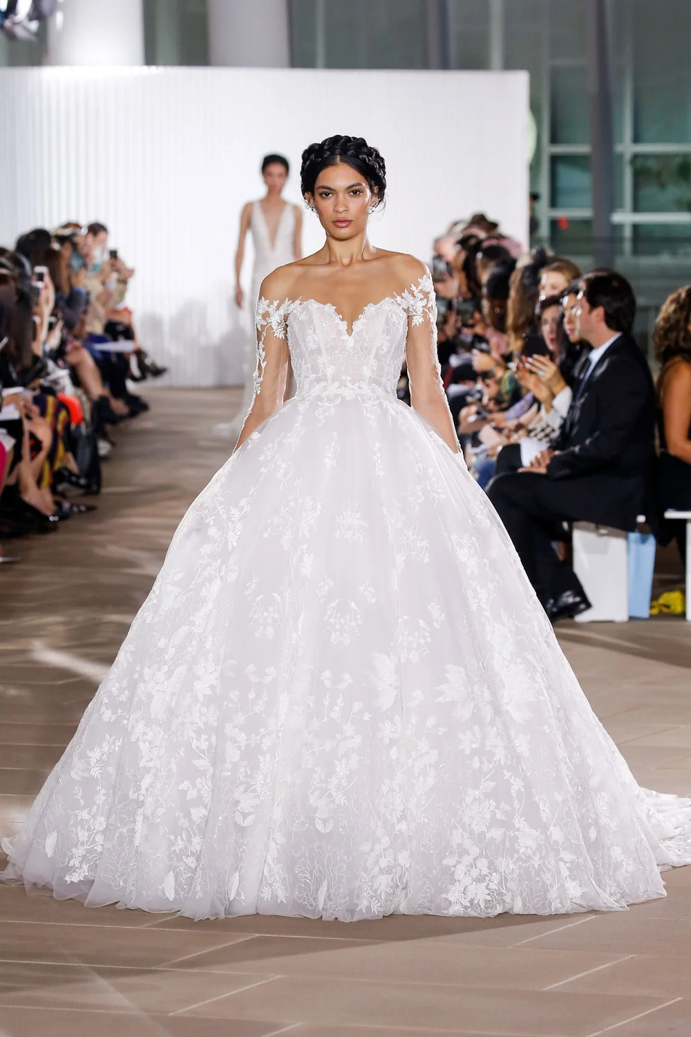 tulle evening dress A-line V neck Black Prom Dress Long Sleeve Lace Applique Tulle Evening   SELINADRESS