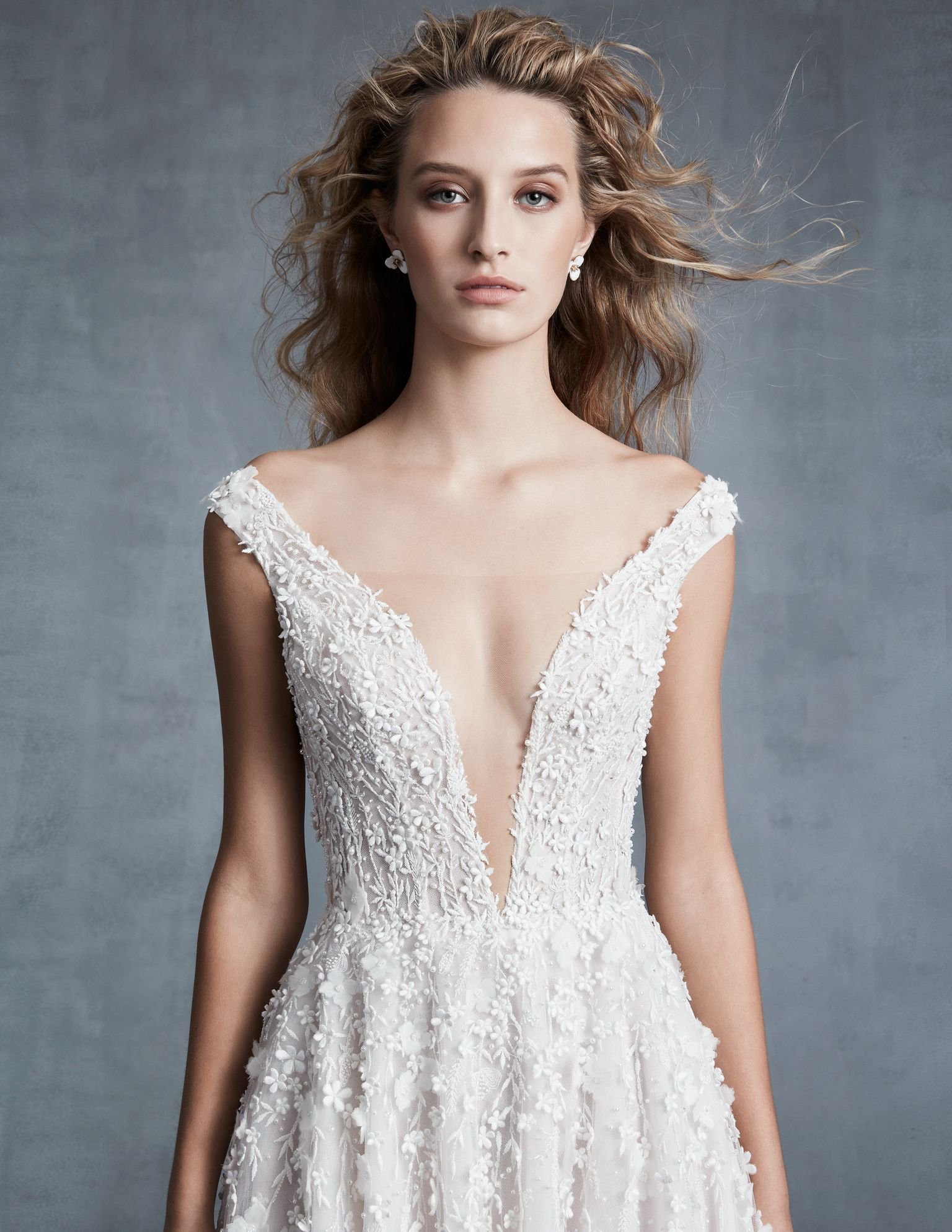 ines di santo wedding dress, beaded bodice, beaded, plunging neckline, beaded wedding dress, a-line, beaded a-line, off the shoulder, strapless