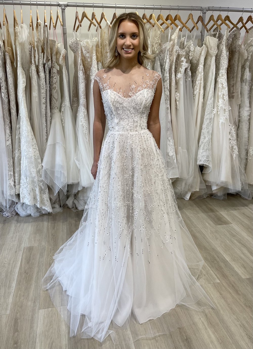 navy blue dress for baby girl MACIE / A Line Wedding Dress with Illusion Plunge Neckline main image 1