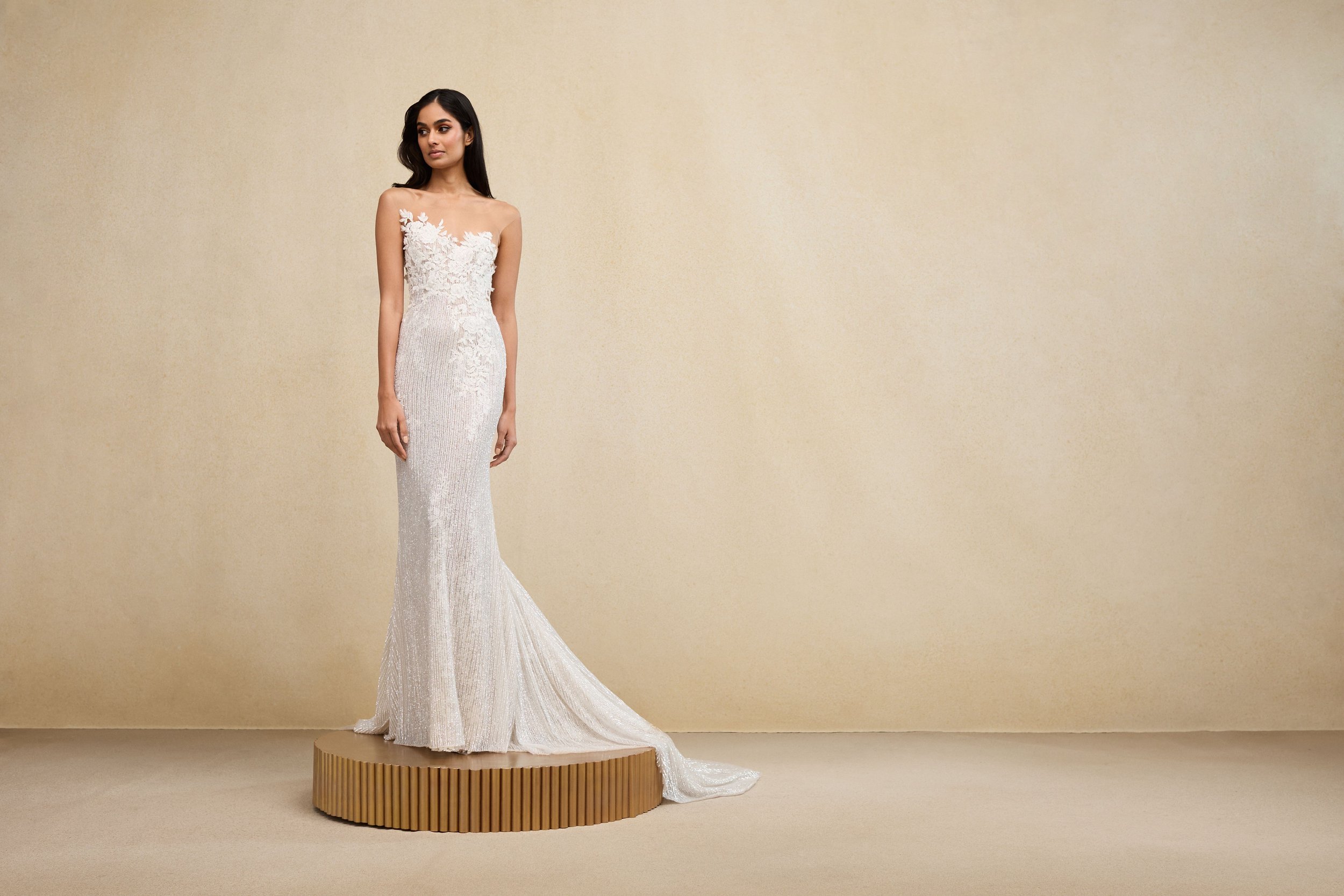 ines di santo beaded wedding dress, illusion neck wedding dress, beaded wedding gown, asymmetrical neckline wedding gown, shadow embroidery wedding dress