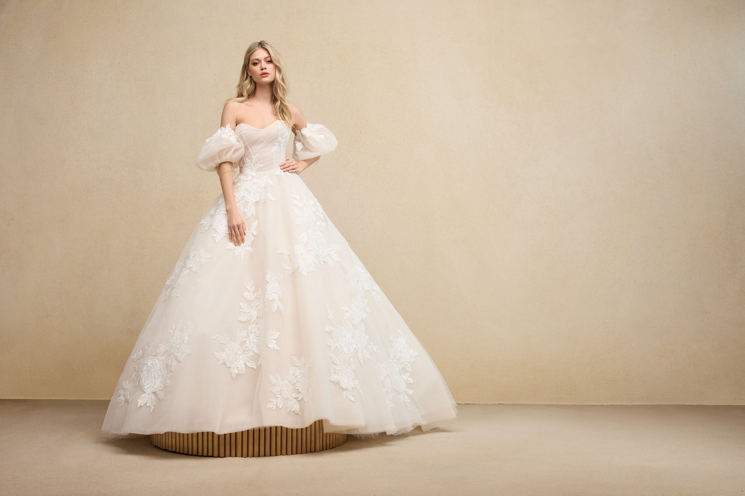 ines di santo ballgown, ballgown with floral applique, ball gown with puff sleeves, detachable puff sleeves, floral ballgown, sweetheart neck ballgown