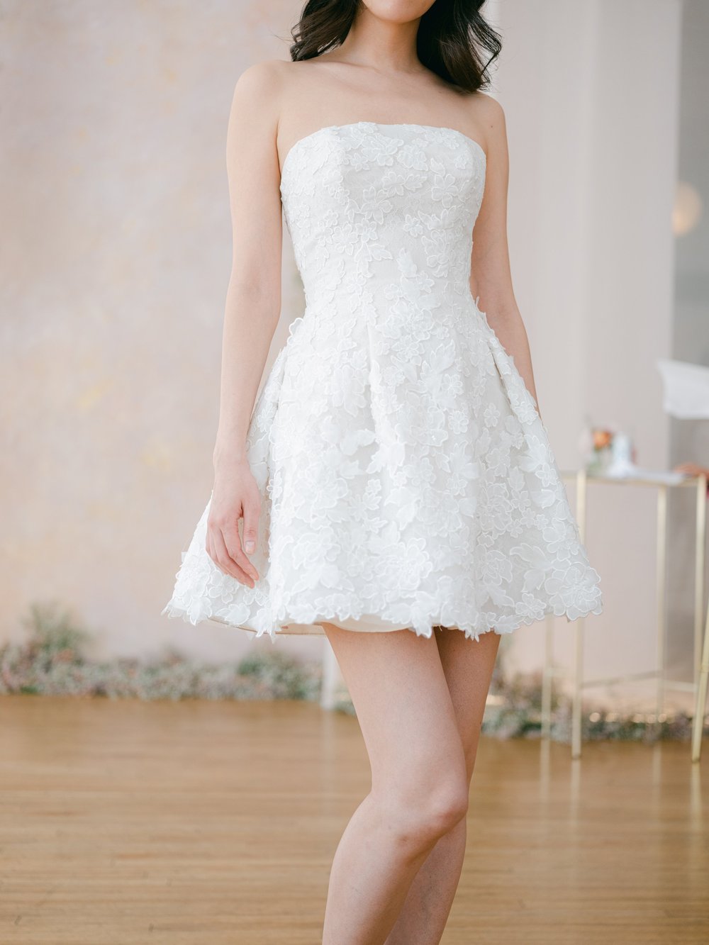 chinese dress ladies Ivory Lace Mini Wedding Dress with Satin Ribbon Corset – Wedding Reception Mini Dress with Convertible Lace Sleeves Plus Size main image 0